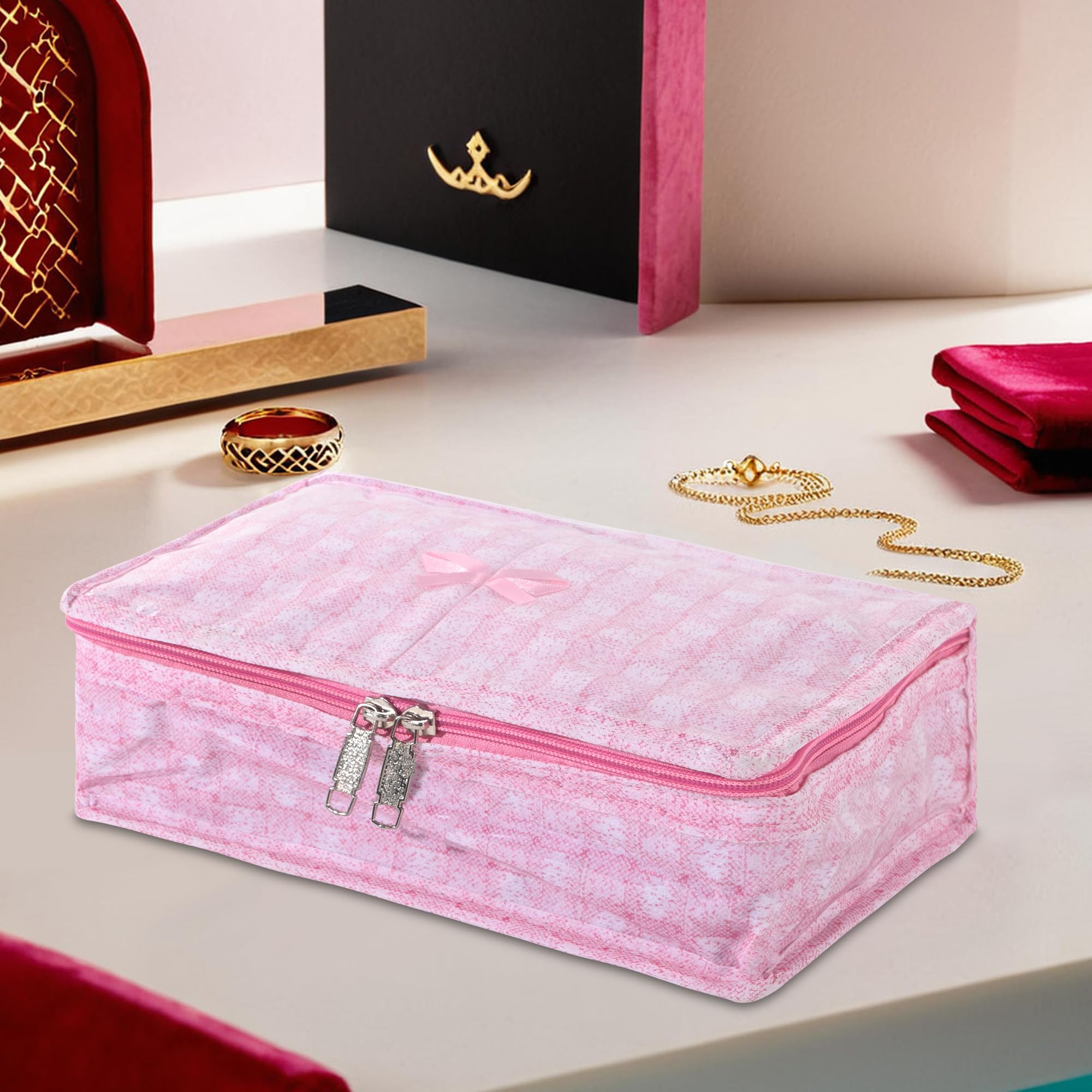 Kuber Industries PVC Makeup Pouch Bag with 6 Compartments | Jewellery Organisers Pouch for Storage Earrings, Rings and Bracelets | Check Laminated Design - Pink