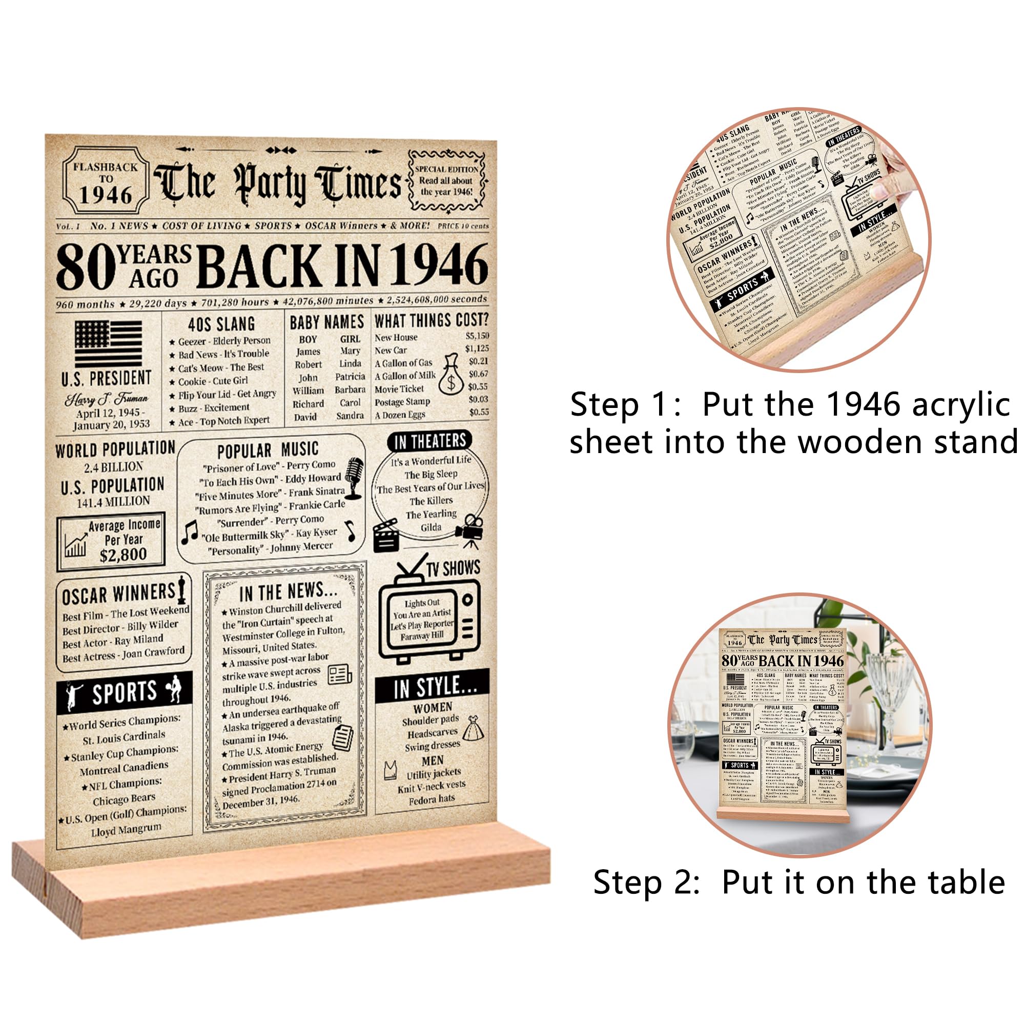 Trgowaul 80th Birthday Decorations Women Men, Vintage Back in 1946 Birthday Poster Acrylic Table Sign with Stand, 80th Anniversary Decor Gifts for Men, Vintage 80 Year Old Party Supplies Decorations — view 2