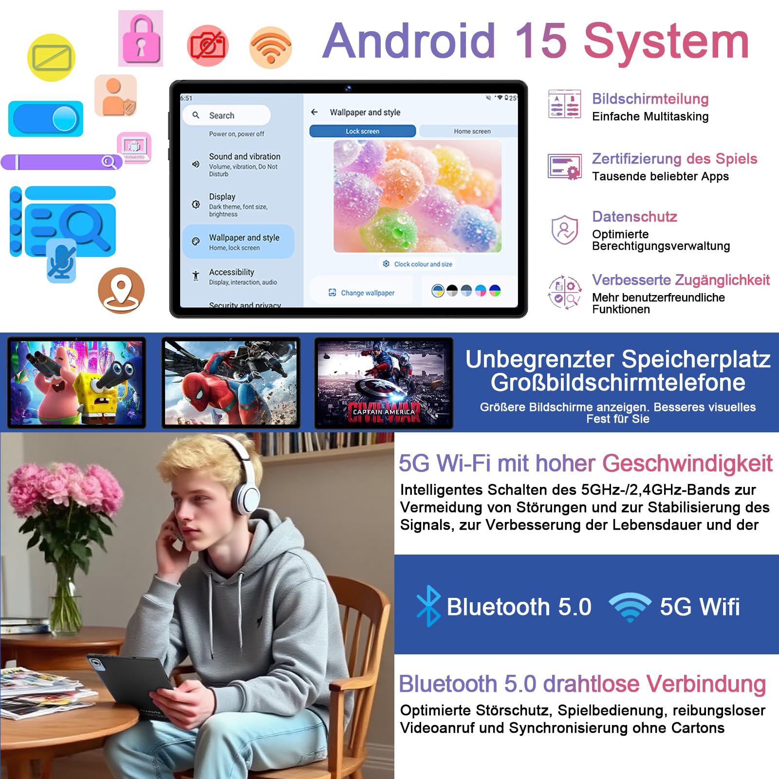 fezawio Android 15 Tablet 10 Zoll Gemini AI, Tablet PC Octa-Core, 30 GB RAM + 64 GB ROM (1TB TF), 3.5mm Audio/GMS/WiFi 6 & BT 5.0 / 6000mAh / GPS/Widevine L1, Maus, Tastatur, Lederhülle,schwarz