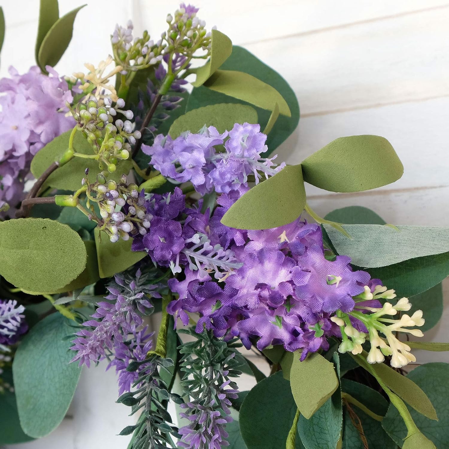 idyllic 18”Artificial Flower Eucalyptus Leaves Wreath Rustic Farmhouse Decorative Floral Wreath for Front Door Window Wedding Spring, Purple