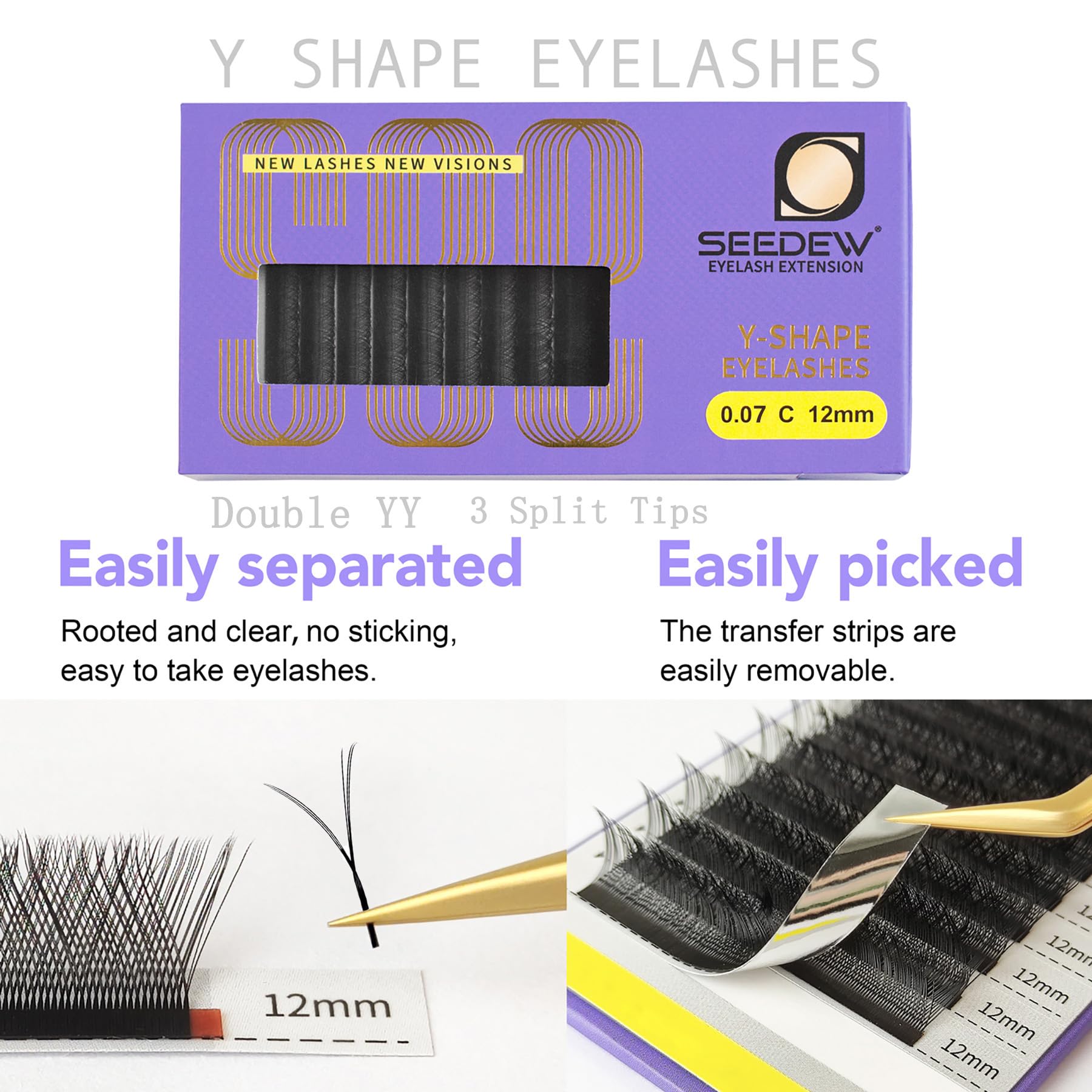 SEEDEW YY Lash Extensions, Triple Y 0.07mm C Curl MIX8-15mm 12 Rows/Tray, Y Shape 3 Split Tips - Image 2