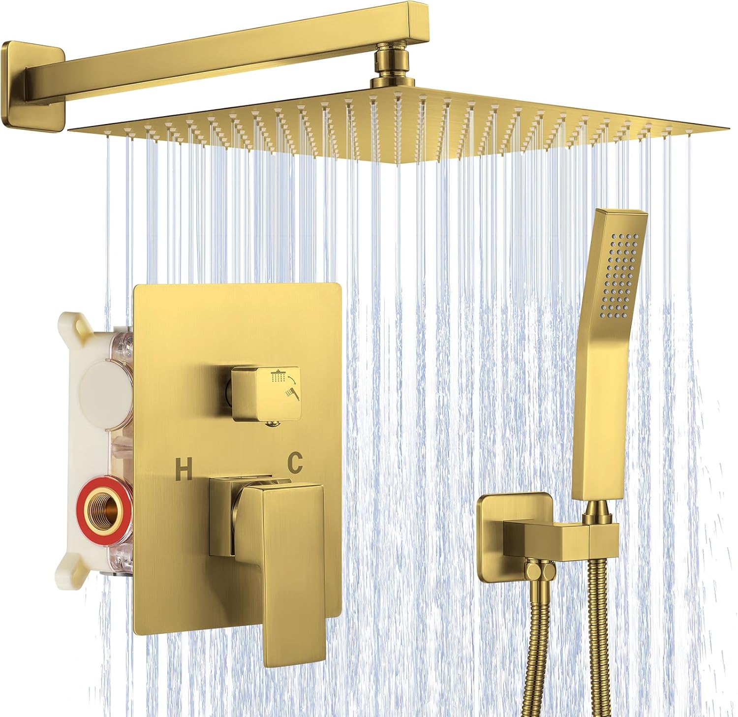 JOMEOO 12 Inch Brushed Gold Shower System, Wall Mounted High Pressure Rain Shower Head with Handheld Sprayer, Bathroom Luxury Gold Shower Head Shower Faucet Set Rough in Valve Body and Trim