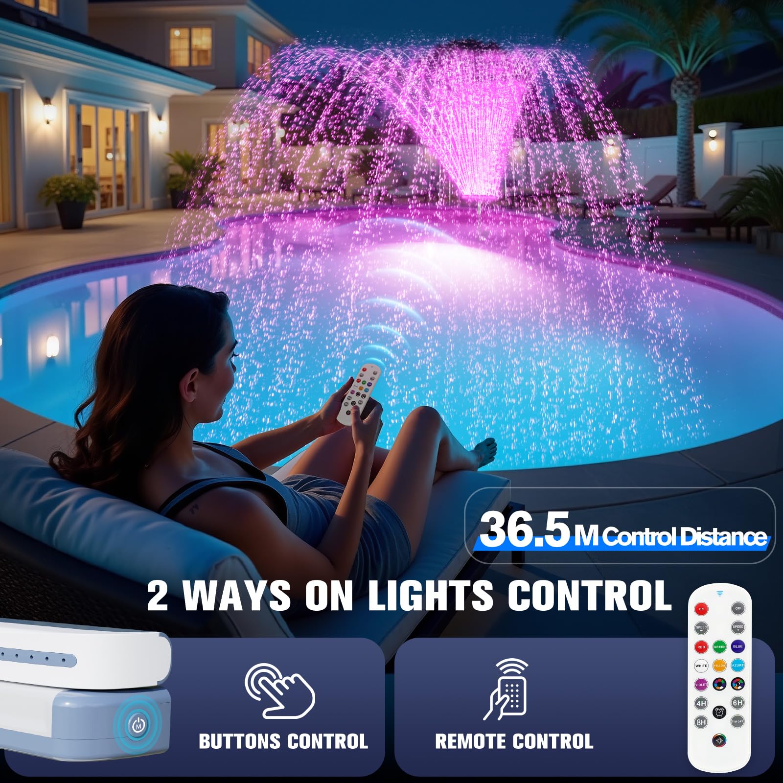 KingSom Pool Wasserfall mit LED, Wiederaufladbarer Springbrunnen mit Fernbedienung, Pool Fontäne Violett