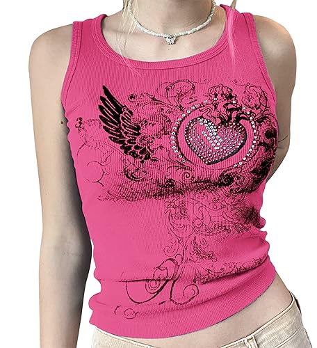 Meladyan Women Heart Rhinestone Graphic Print Sleeveless Crop Tank Ribbed Fairy Grunge 90s E-Girl Goth Vest Shirt Top Hot Pink-1