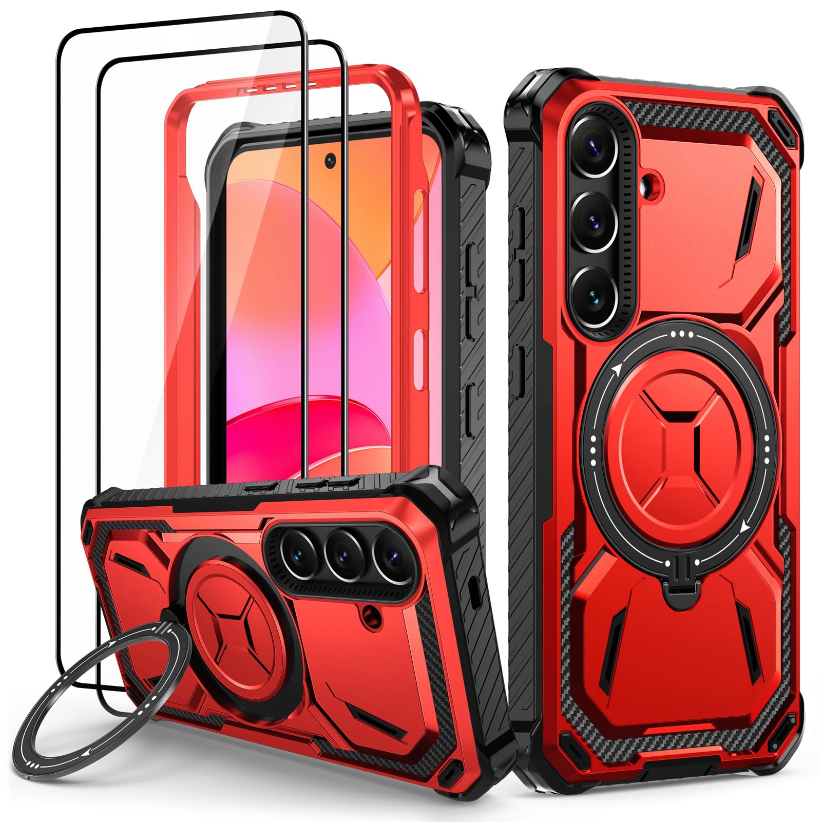 Lanhiem Cover per Samsung S24 5G, Magnetica con Anello, 14FT Antiurto Militare Indistruttibile, Protezione Completa del Corpo a 360°con 2 Vetro Temperato, Custodia per Samsung Galaxy S24, Rosso