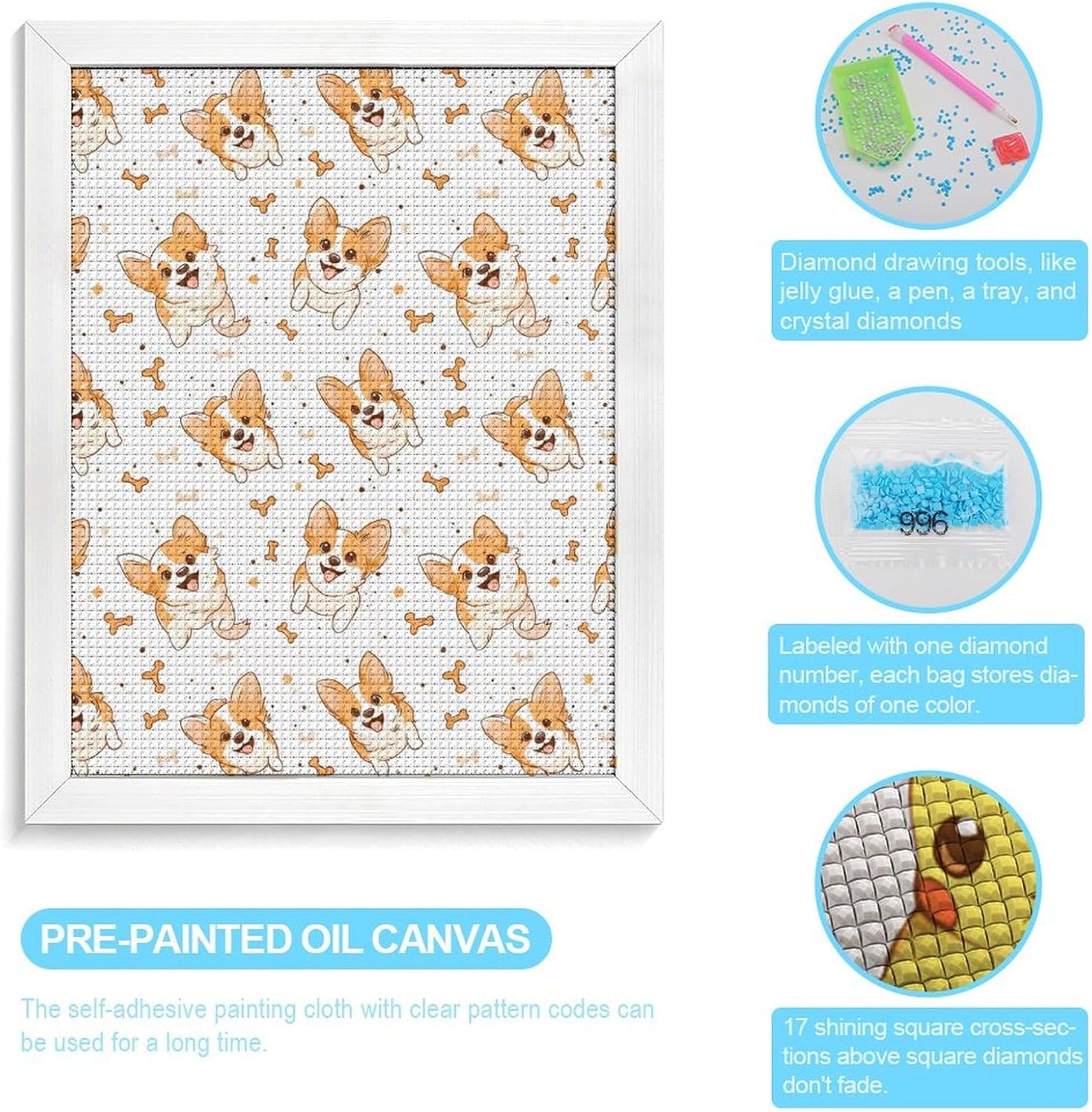 Cute Corgi Dogs And Bones Diamond 5D Painting Kits with Frame DIY Full Round Drill Gem Art Crafts for Home Wall Decor 16 X 20in White Wood 40 * 50cm