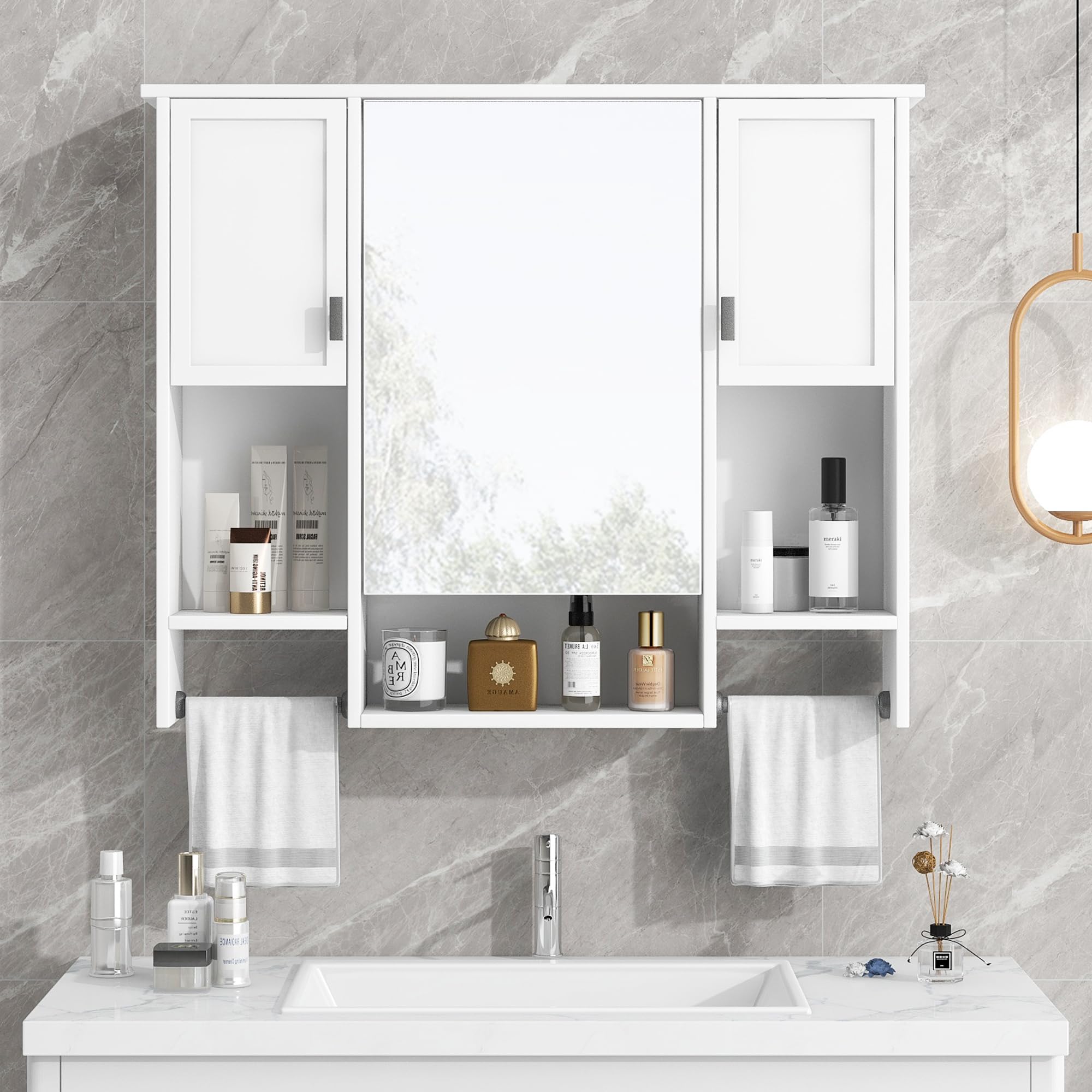 Merax Bathroom Medicine Cabinet with Mirror, Wall-Mounted Storage Cabinet Organizer with Doors, Shelves and Towel Bars