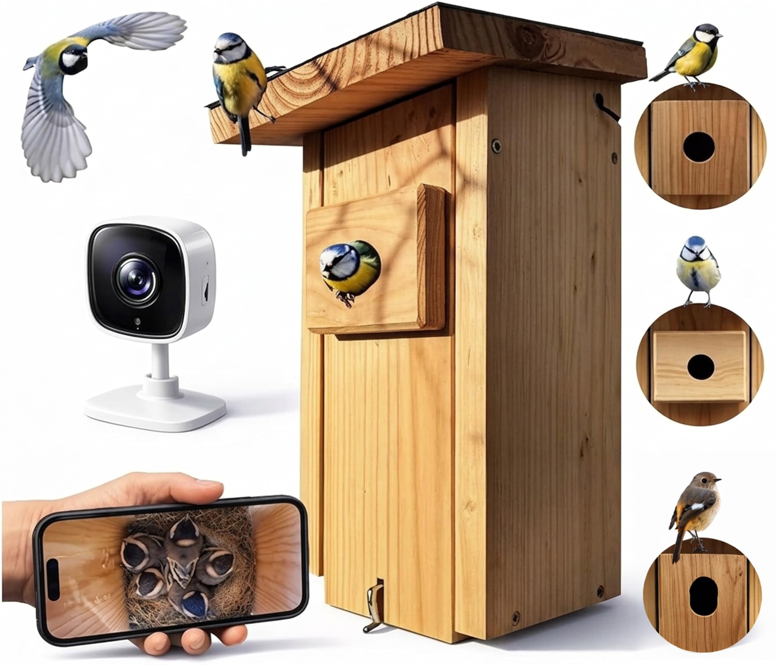 Nido di alta qualità con fotocamera, Live Stream, in legno massiccio certificato PEFC®, casetta per uccelli, 3 m + cavo di alimentazione da 20 m, idea regalo per il giardino