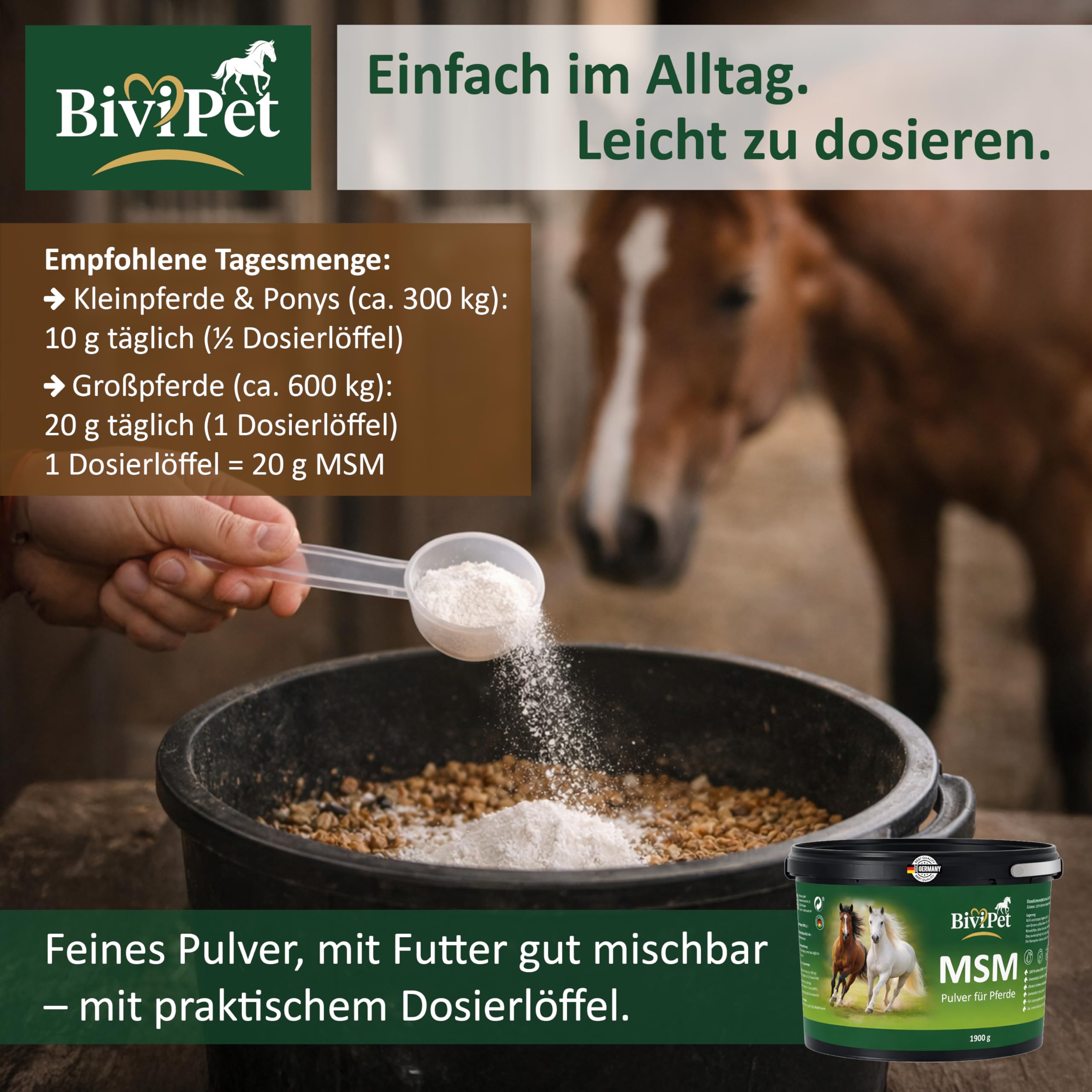 MSM Pulver für Pferde – 1,9 kg | 100% reines MSM ohne Zusätze | Für Gelenke, Beweglichkeit, Sehnen & Hufe | Eimer mit Henkel inkl. Dosierlöffel | Made in Germany