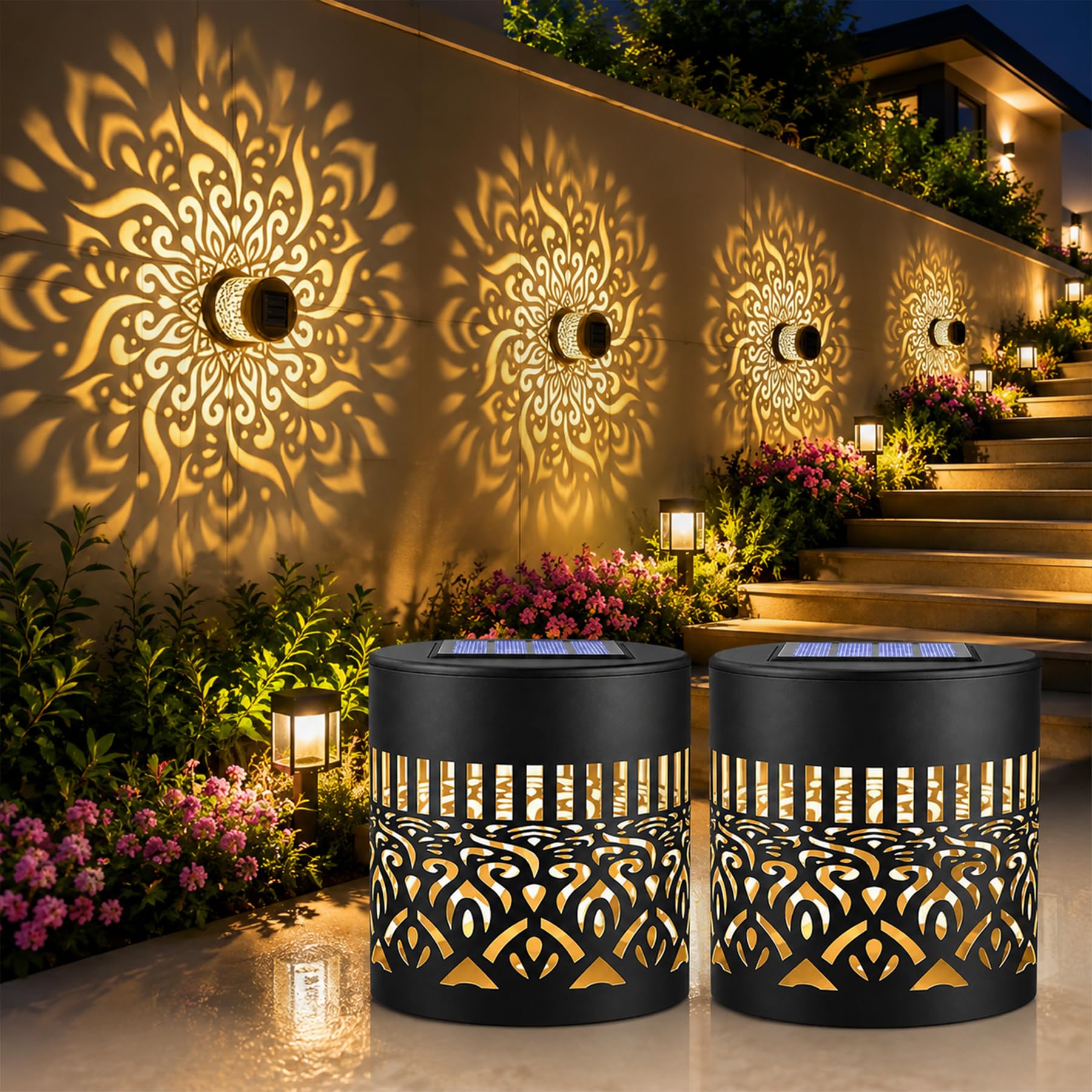 Taechalingo 2 Stück Decorative Solar Mandala Lights,Solar Wandleuchte,Solarlampen für Außen,Mandala Solar Lights,LED Garden Lantern Wasserdichte für Gartendeko und Terrasse