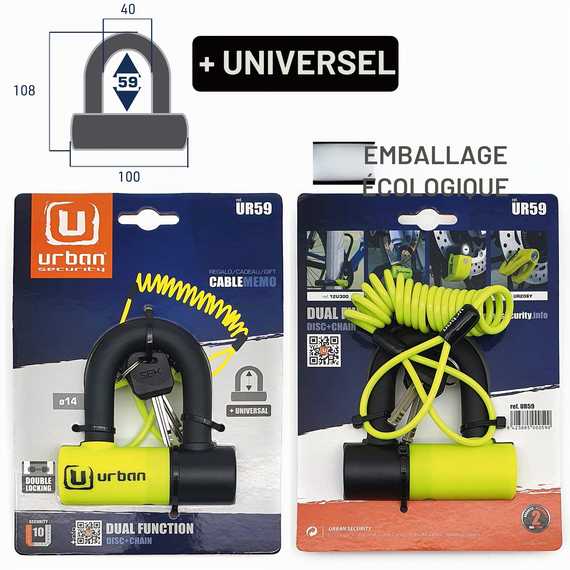 URBAN UR59K150 Antivol moto chaîne en acier trempé de 13,5 mm avec cadenas solide Mini U 14 mm, 150 cm, noir/jaune