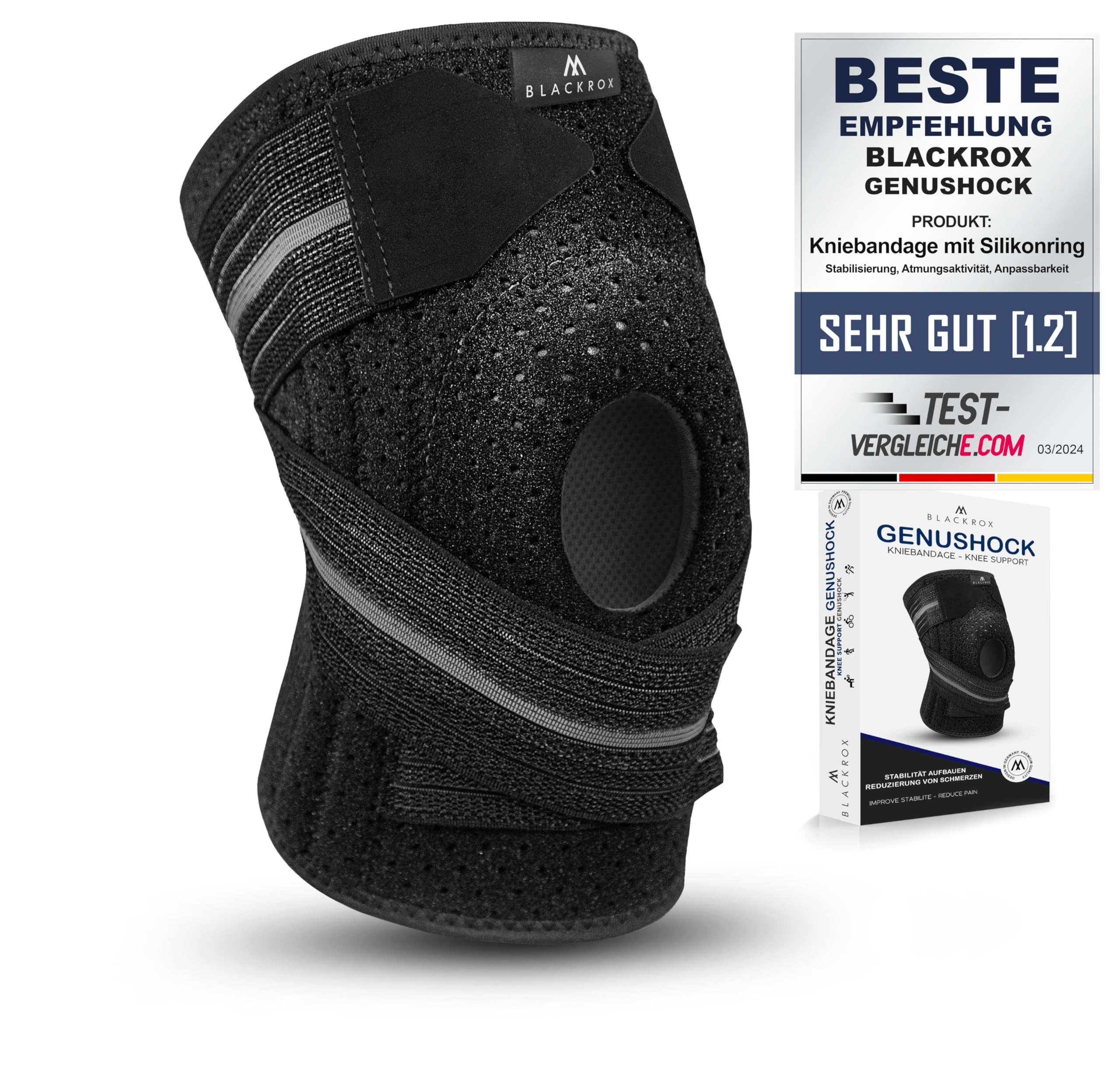 BLACKROX GENUSHOCK KNIEBANDAGE MIT SILIKONRING – Kniegelenkbandage für Damen & Herren – Unterstützung von Knie & Meniskus – Kniestütze ideal für Sport, Fußball, Kraftsport & Training – One Size