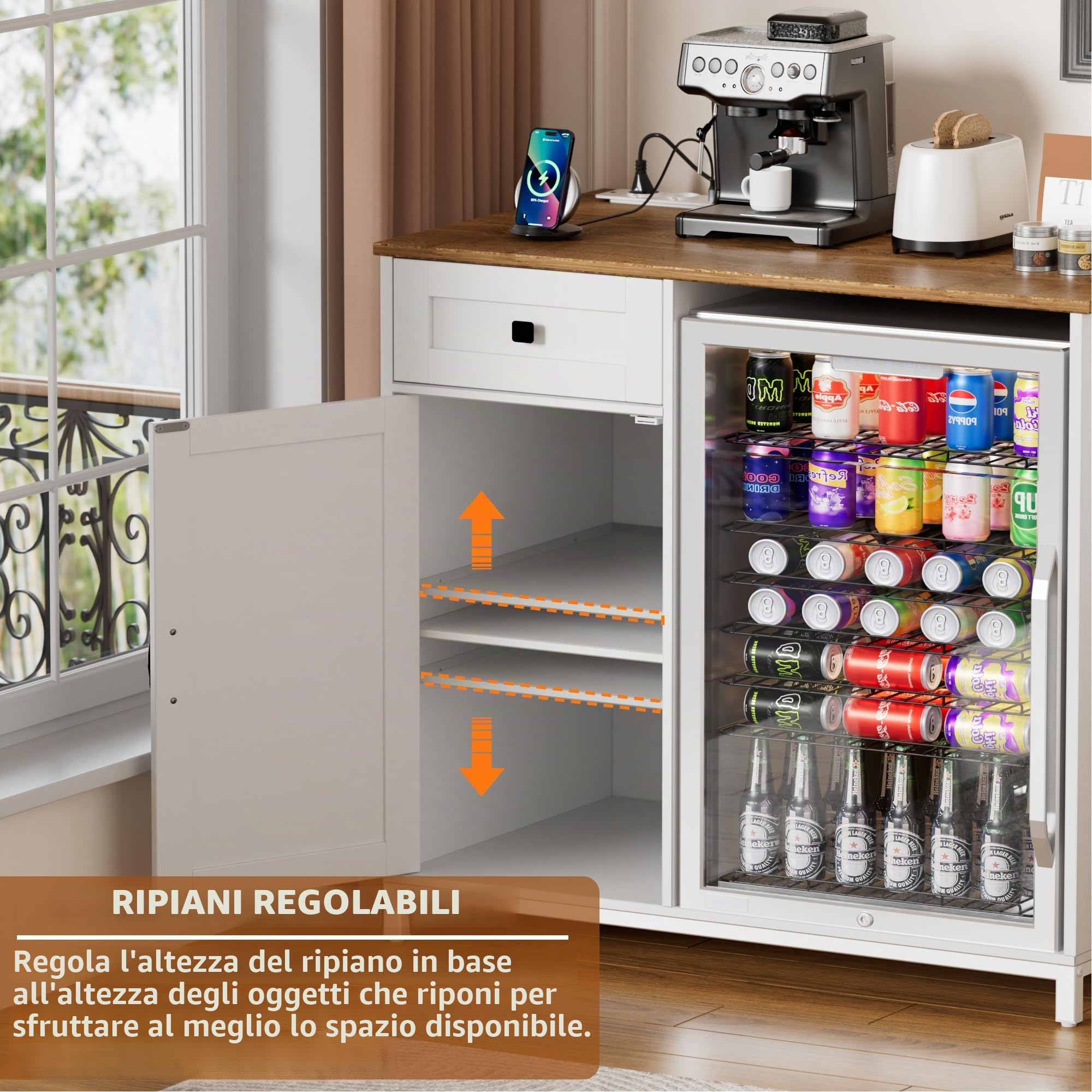 Credenza Cucina,Mobile Cucina con Presa di Corrente Porta USB,Mobiletto Portaoggetti per Mini Frigo,Buffet Moderno,Credenza Soggiorno con Cassetti e Armadi,Adatto per Hotel,Casa,Ufficio, 95x53.6x99cm