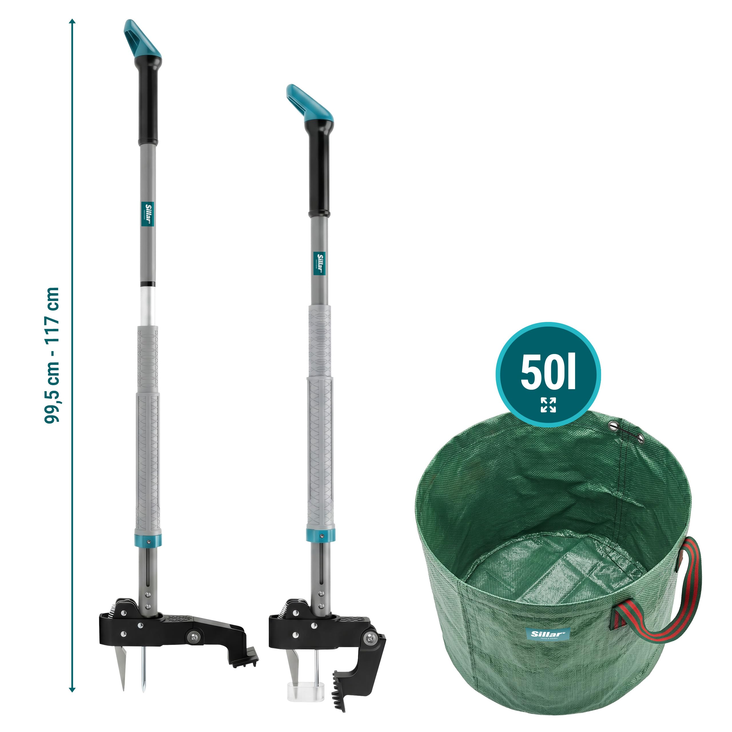 Sillar Désherbeur Manuel Télescopique 99,5–117 cm + Sac de Jardin 50L, Arrache Mauvaise Herbe avec Griffes en Acier & Éjecteur, Arrache Pissenlit pour Pelouse, Jardin et Massifs