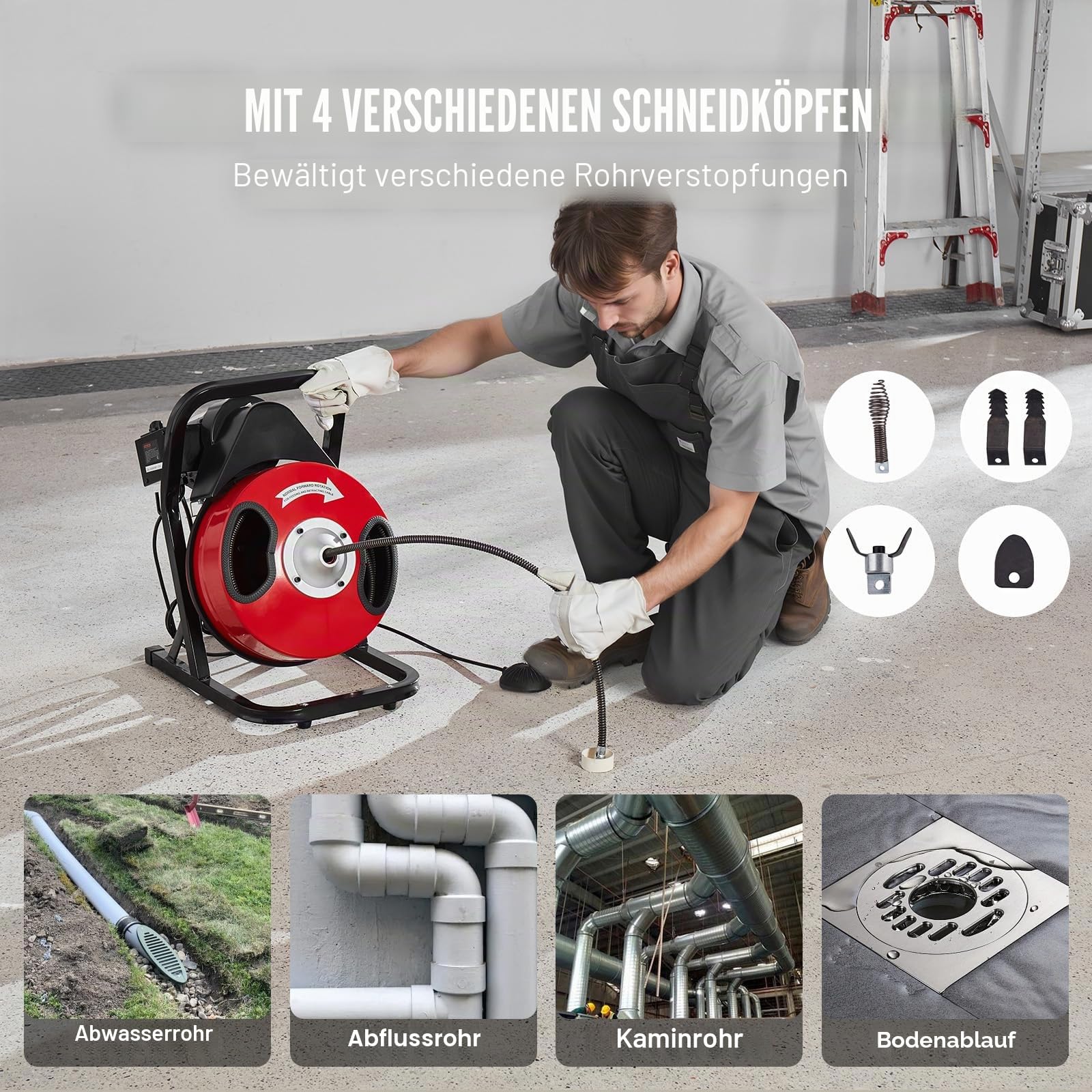 VEVOR Rohrreinigungsmaschine 50 FT x 1/2 Zoll, manuelle Rohrreinigungsspirale – mit 4 Schneidern und luftaktiviertem Fußschalter für 2 bis 4 Zoll Rohre