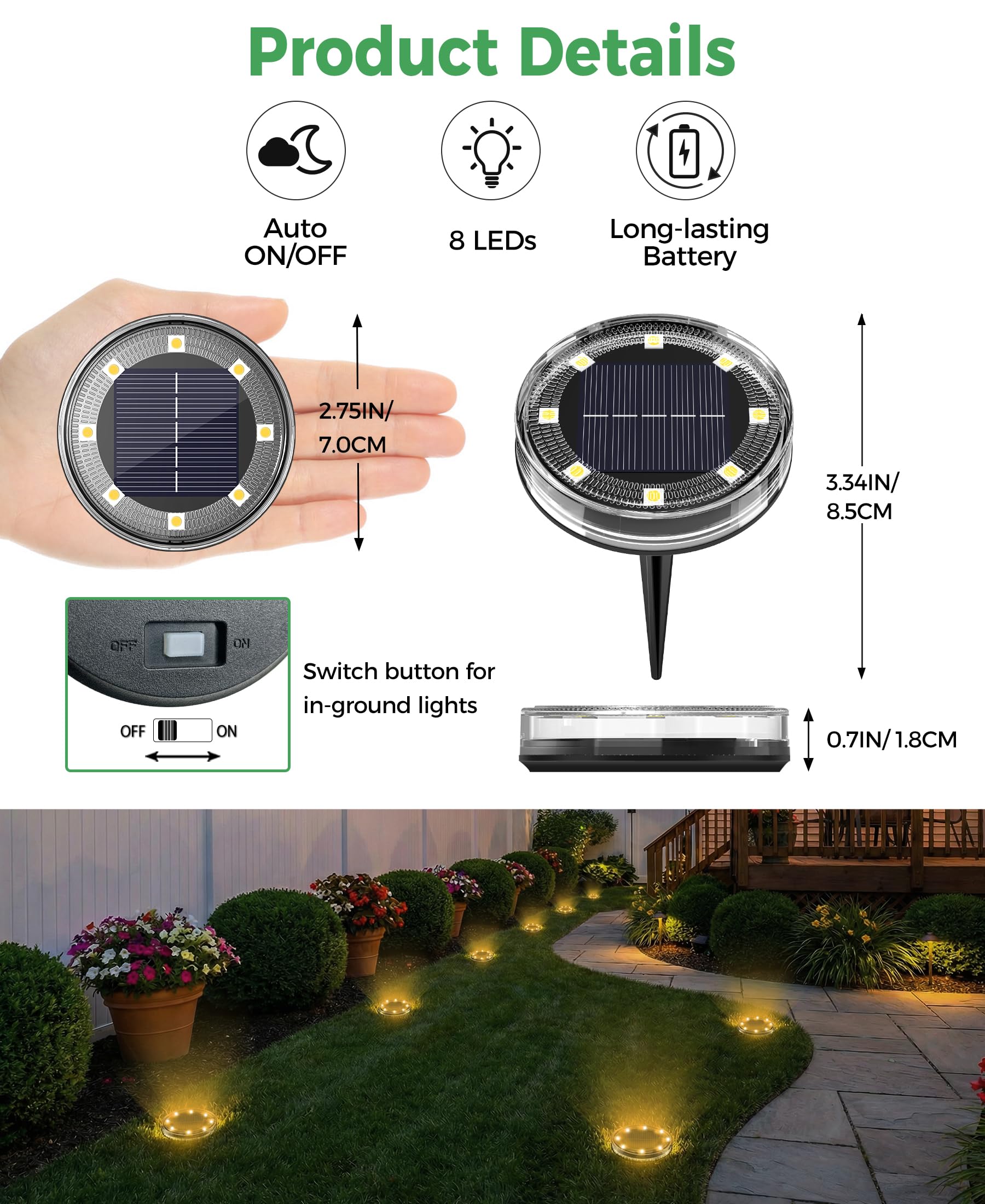 LOTMOS 12 Paquetes Luces Solares LED Exterior Jardin Suelo, 8 LED Impermeable Luz Solar Exterior Jardín, Lamparas Solares Suelo Camino, Terraza, Patio, Césped, Blanco Cálido