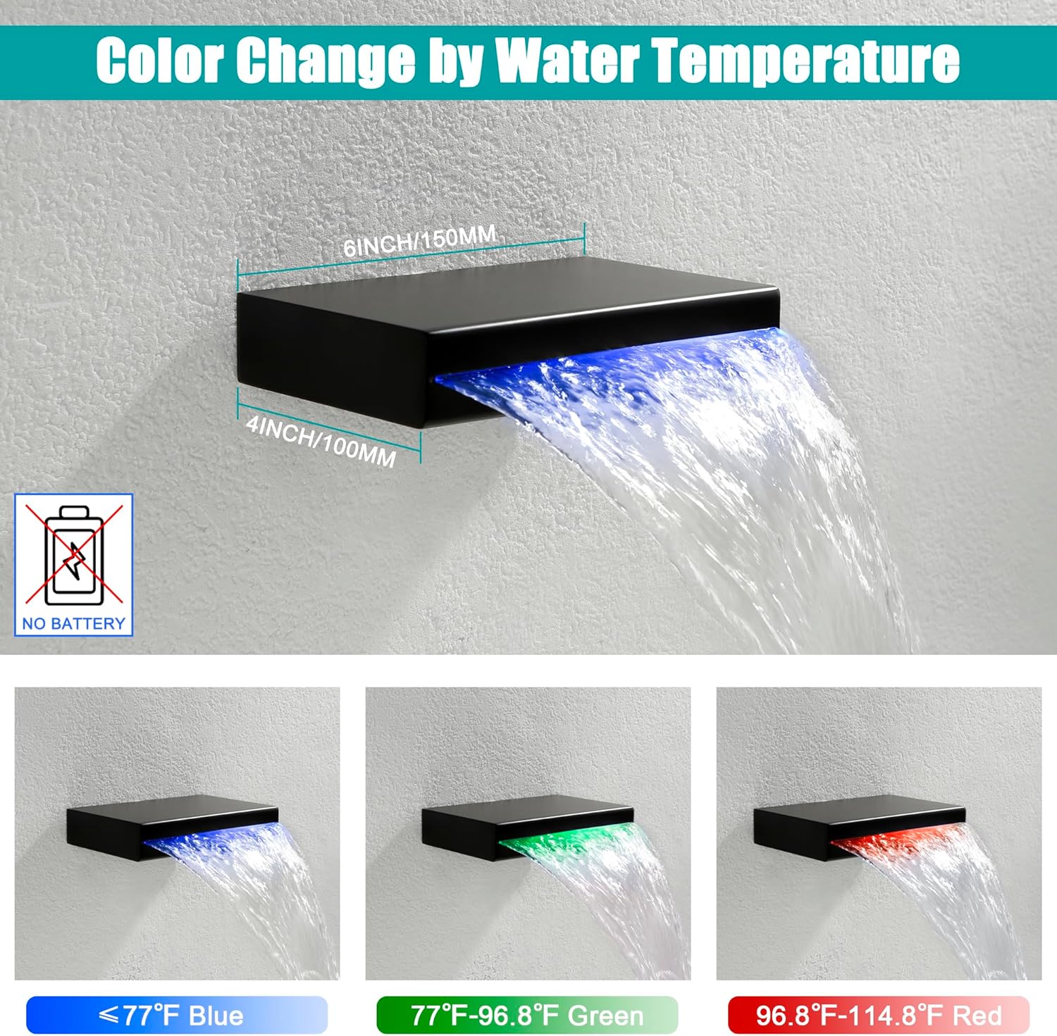 SKOWLL 3 Handle Tub Shower Faucet, Bathroom Shower Faucet Set with 10 Inch Shower Head Wall Mount Waterfall Spout with Light, LED Waterfall Bath Tub Trim Kit, Matte Black