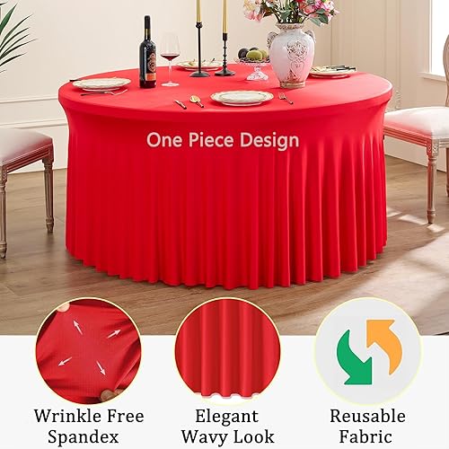 Miniatura 3 de Paquete de 6 manteles redondos de elastano rojo para mesa de 60 pulgadas, manteles elásticos de 120 pulgadas ajustables de 5 pies, fundas de mesa