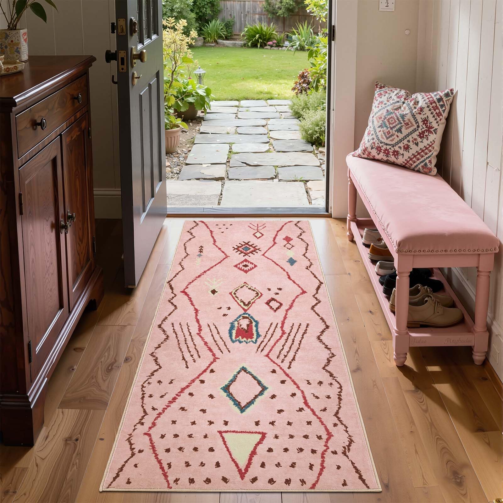 Photo 1 of jinchan 2x5 Runner Rug Pink Washable Modern Boho Rug Geometric Hot Nerd Soft Low Pile Non Slip Accent Mat Lightweight Cozy Throw Carpet for Kitchen Bathroom Laundry Room Study Dorm