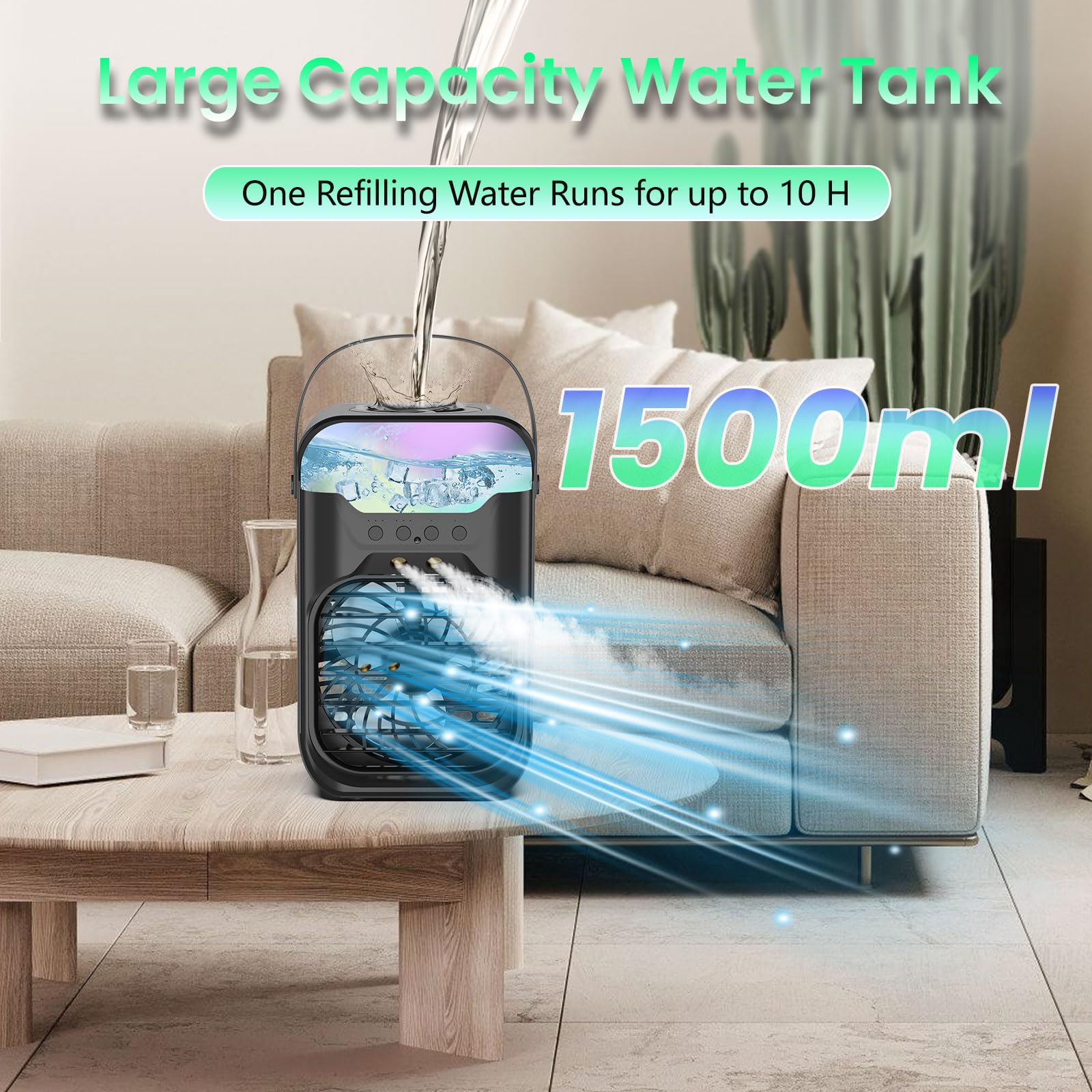 Aire acondicionado portátil pequeño, unidad de CA portátil con control remoto, tanque de agua de 1.5L, 3 velocidades, 2 nieblas frías, 3 temporizadores, 7 luz nocturna, mini aire acondicionado 2