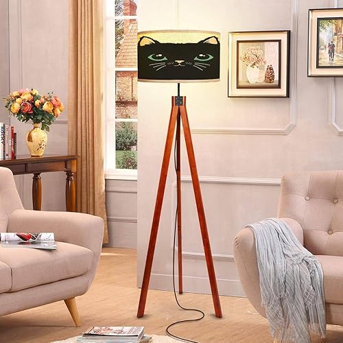 Miniatura 3 de WEFHFGK Lámpara de pie de gato con patas de madera maciza, moderna lámpara alta con trípode con pantalla de lino para sala de estar, dormitorio,