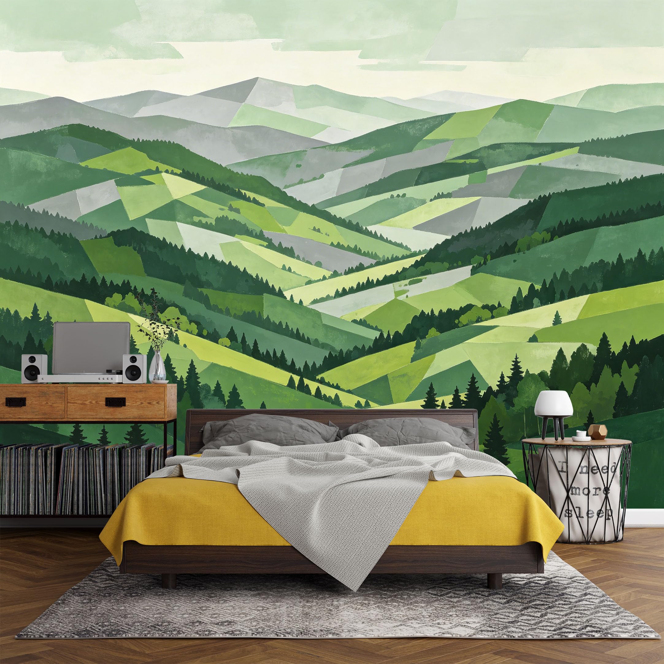 Custom Size Wall Mural Abstract Geometric Green Mountain Forest Landscape Oil Painting，SelfAdhesive Art Prints wall Fabric（No PVC） Removable Wallpaper Living Room Decor