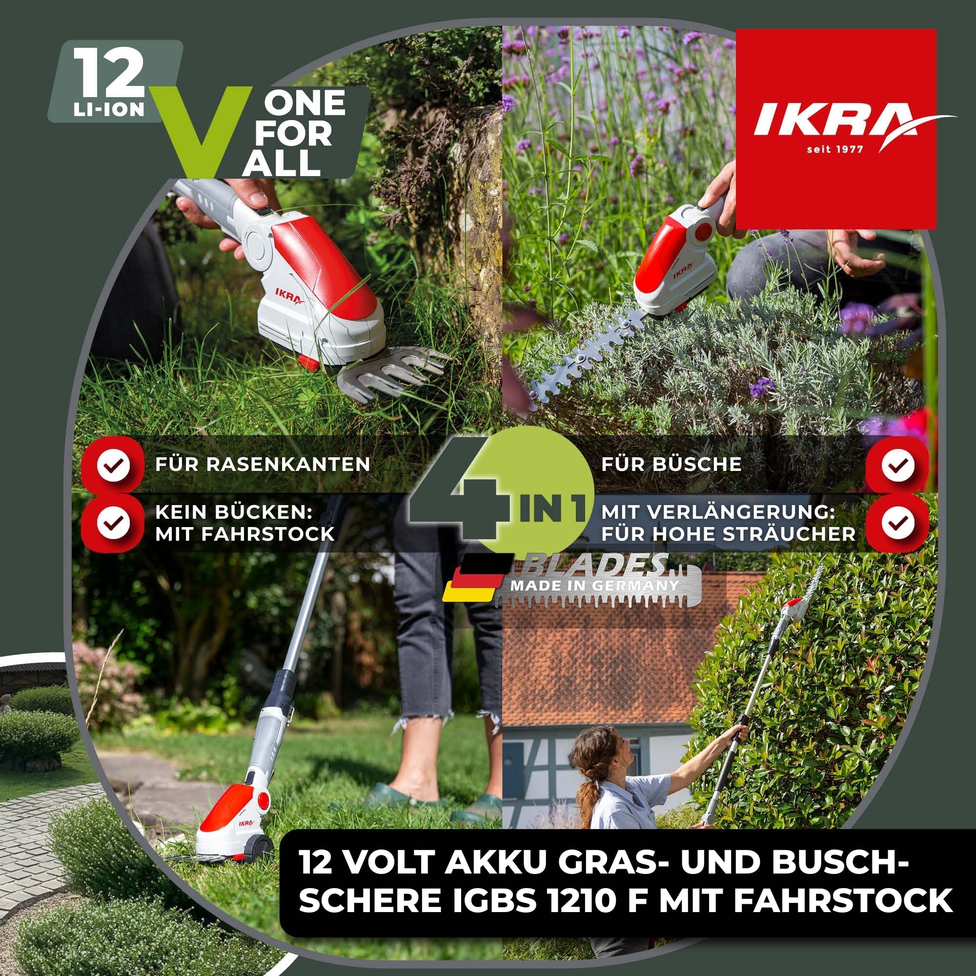 IKRA Akku Grasschere & Buschschere IGBS 1210F, inkl. Teleskop Verlängerung | Inkl. Akku 12V & Ladegerät, 7-fach winkelverstellbarer Griff, Messer Made in Germany, kompatibel mit IKRA 12V Akku-Familie