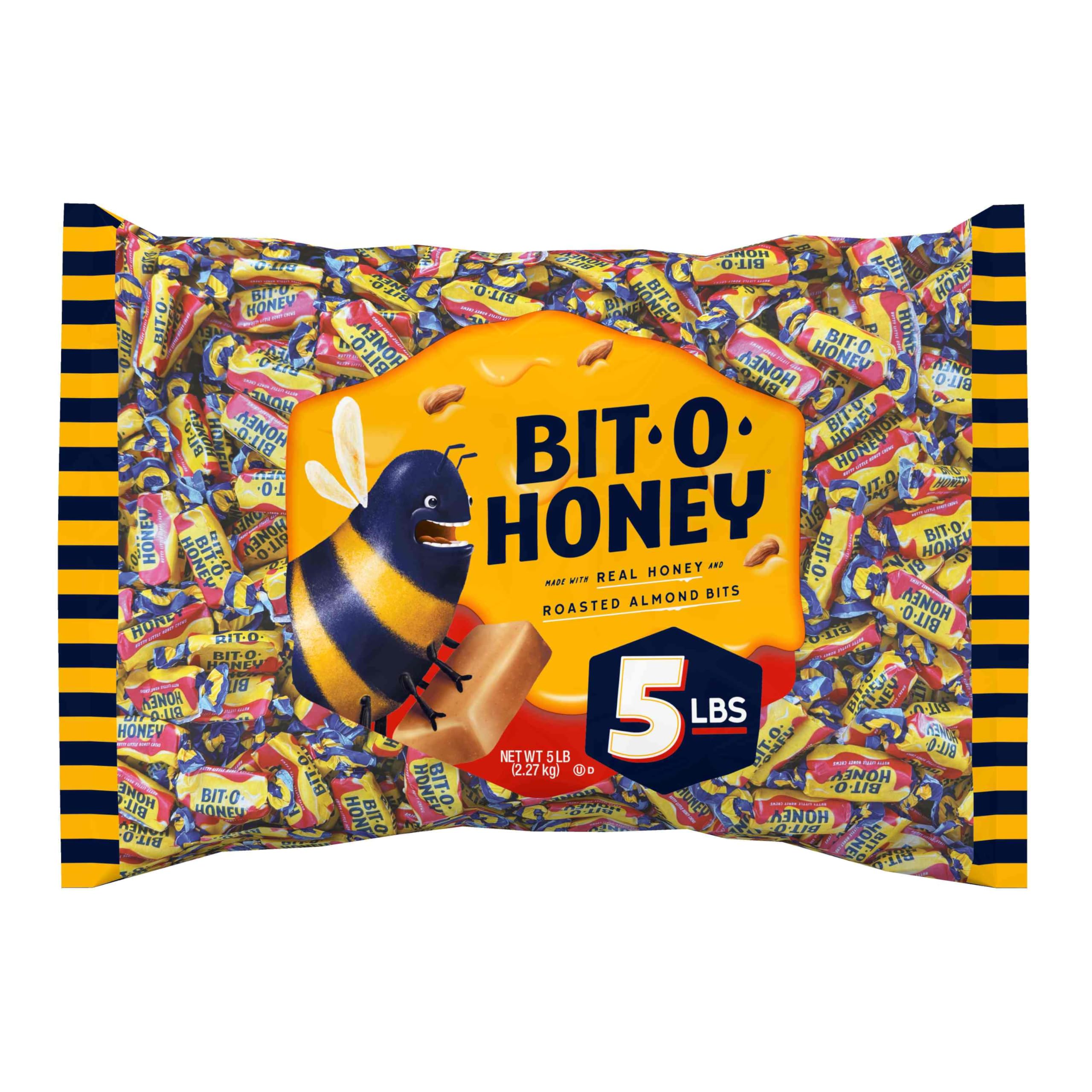 Bit O Honey Candy - Individually Wrapped Honey Taffy with Roasted Almond Bits, Gluten-Free, Classic Bite-Sized Treats, Sweet and Chewy Taffy Candy Bulk Bag - 5 LBS