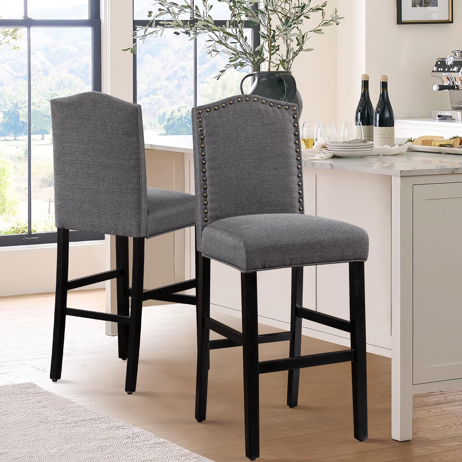 COLAMY Tall Bar Height Stools 30 Inch, Set of 2 Barstools with Back, Upholstered Fabric Accent Tall Barstool Wooden Legs, Nailhead Trim Full Padded Stools for Bar Kitchen Counter Dining Room, Gray