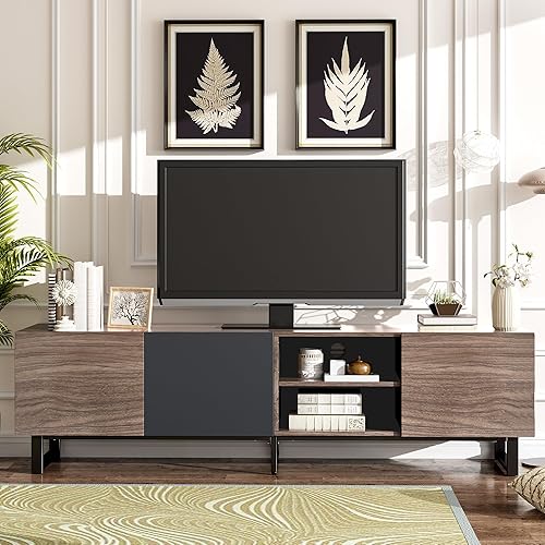 Miniatura 8 de Moderno soporte de TV con 3 gabinetes y estantes abiertos, centro de entretenimiento minimalista de madera para televisores de hasta 80 pulgadas,