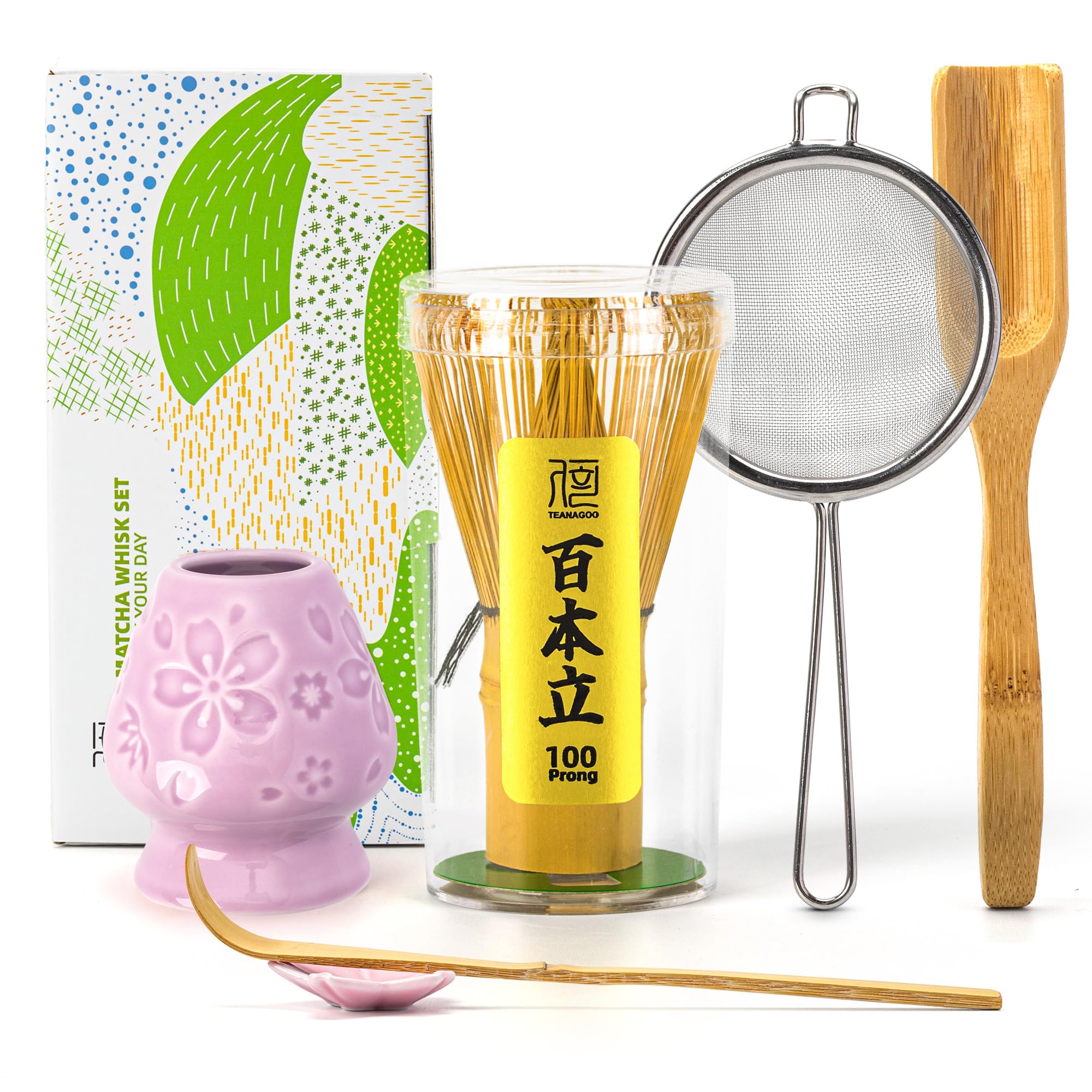 TEANAGOO Matcha-Besen-Set, 6-teiliges traditionelles Einsteigerset, 100-zinkiger Besen mit violettem Kirschblütenhalter, Schaufel (Chashaku), Teelöffel, Bambus-Chasen, Geschenk für Freunde/Familie
