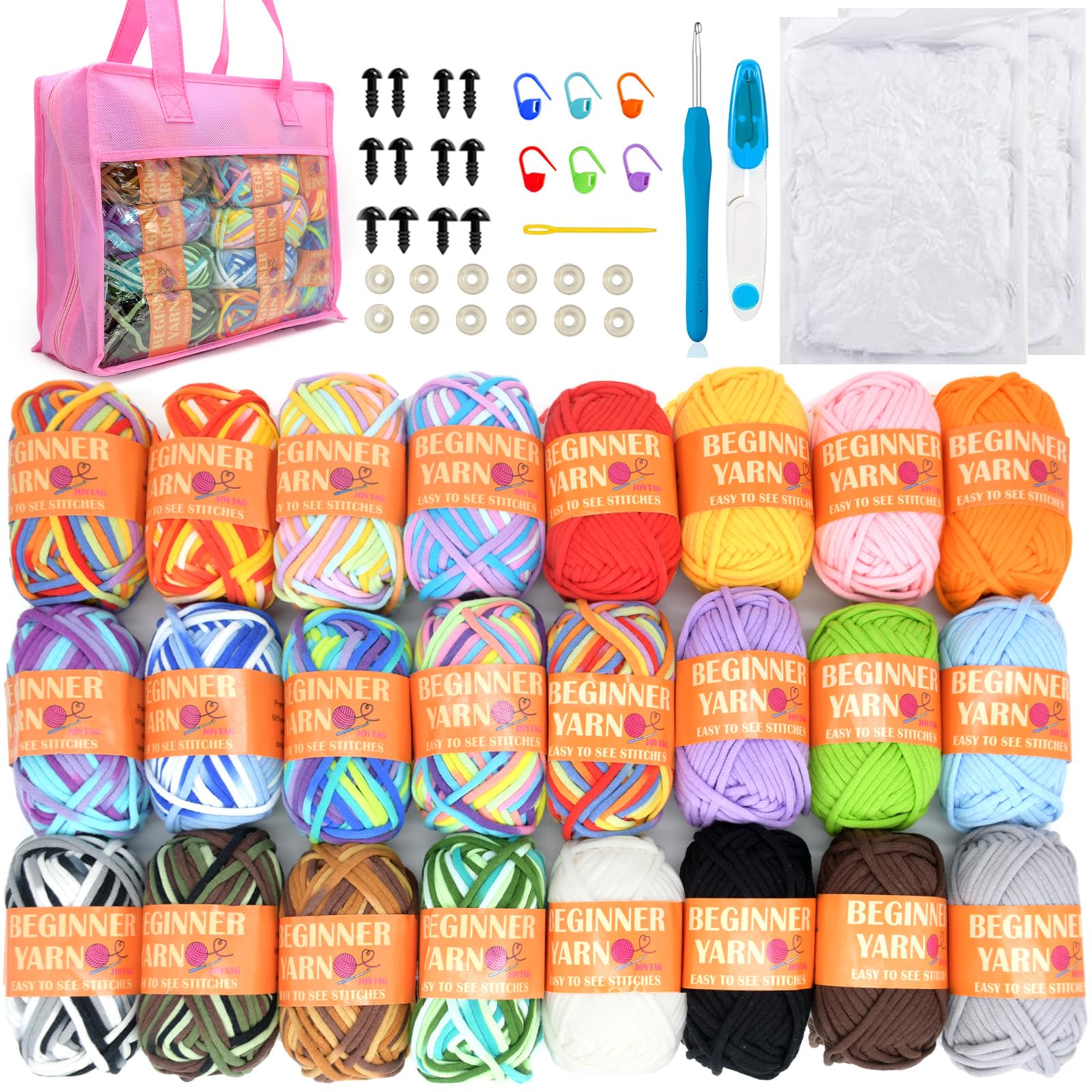 24 Pack Beginners Crochet Yarn Rainbow Cotton Crochet Yarn for Crocheting Knitting Beginners with Easy-to-See Stitches Easy Beginner Crochet Kit-24x25g（with Storage Bag）