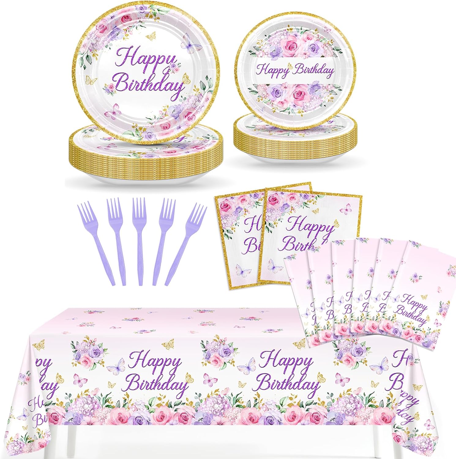 Avezano Purple Floral Birthday Party Tableware and Happy Birthday Tablecloths Bundle