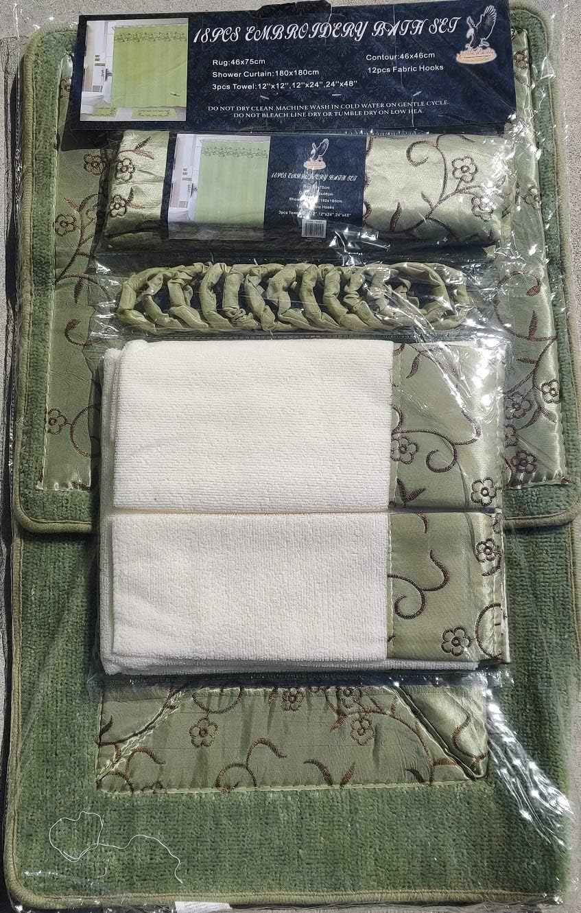 Comfy Deal 18 Pieces Shower Curtain with Matching Fabric Hook, Embroidery Bath Mat,Contour Rug and Towel Set (Sage Green)