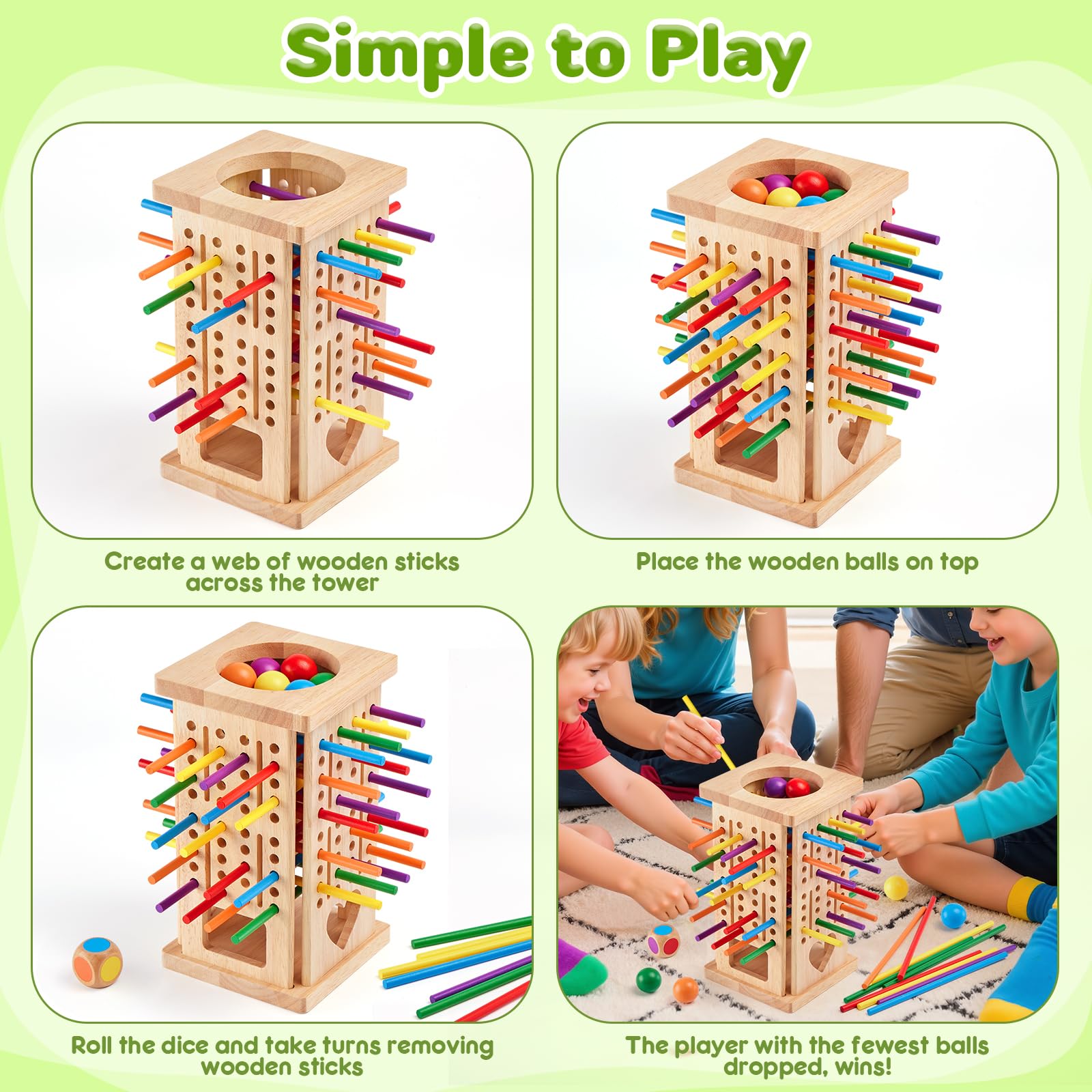 Montrix Juguetes Niños Juegos Montessori, Torre de Madera con 42 Palitos Coloridos y Dados, Juego de Mesa Educativo Familiar, Juguetes Motricidad Fina Cumpleaños Regalo para Niños Niñas 3 4 5 6 Años