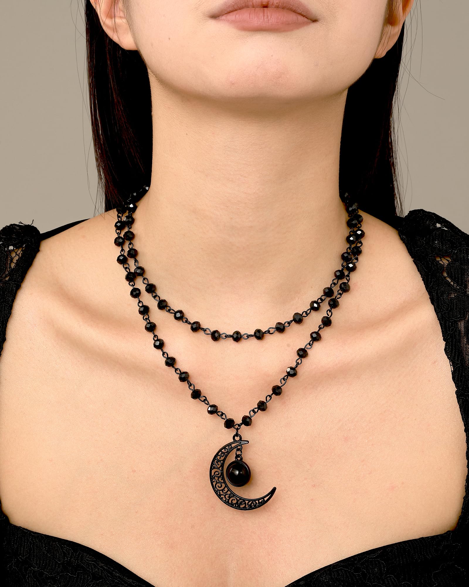 Balirek Gothic  Necklaces Moon Cross Necklaces Black Crystal Chain Halloween Black Pendant Choker Halloween Jewelry for Woman