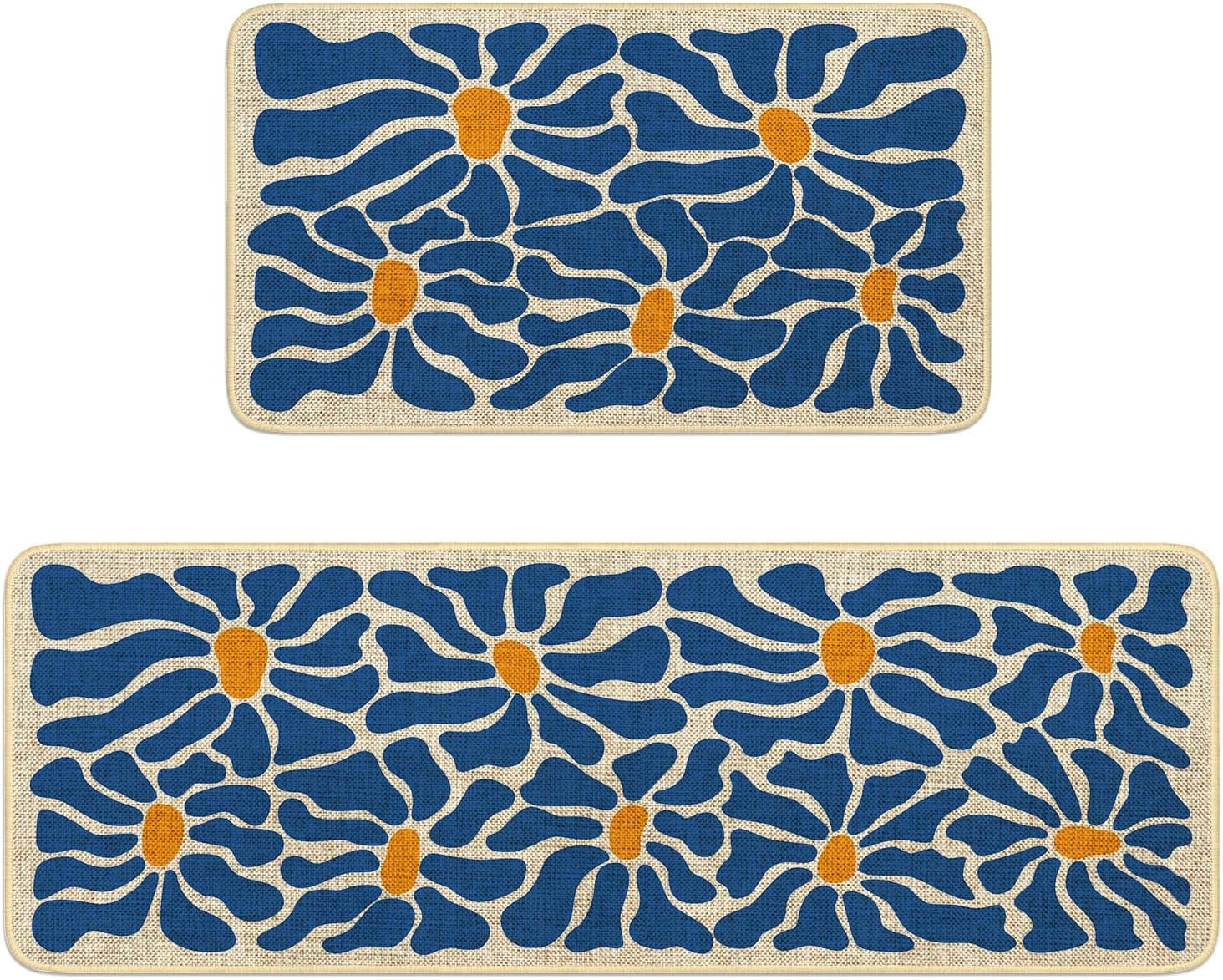 Boho Floral Kitchen Rugs Set of 2,Farmhouse Style Daisy Kitchen Mats for Floor, Country Flowers Non Slip Sink Laundry Rug Kitchen Home Decor Doormat+Runner Rug