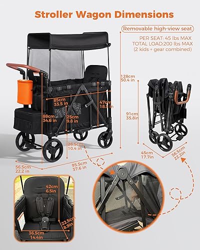 Miniatura 7 de Cochecito con asa ajustable, incluye toldo y organizador, plegable y conveniente para almacenamiento (negro)