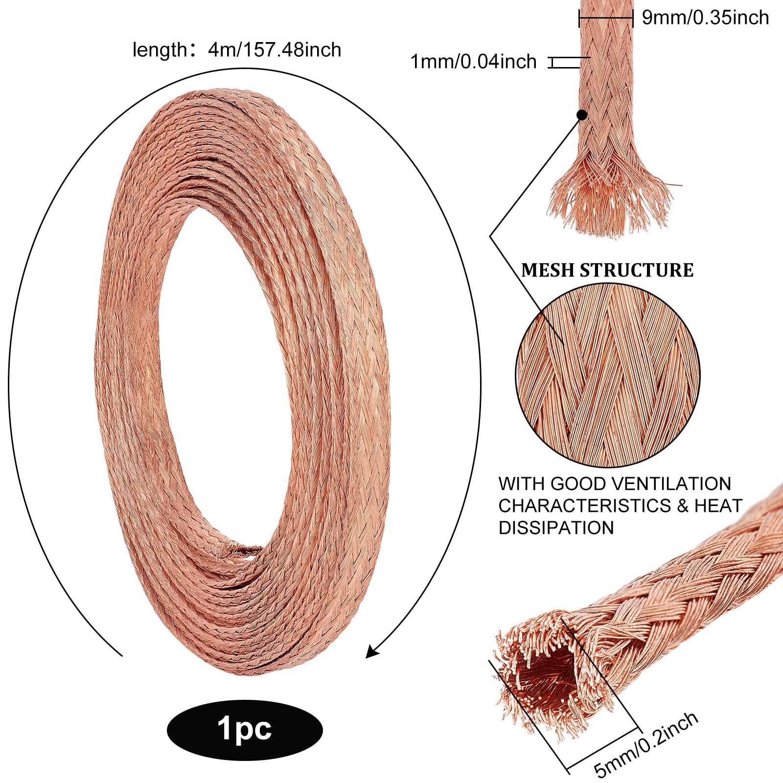 BENECREAT 4mx9mm Flat Copper Braided Ground Strap Wire, Braided Pure Copper Wire for Grounding and Reducing Noise 1mm Thick - Image 2