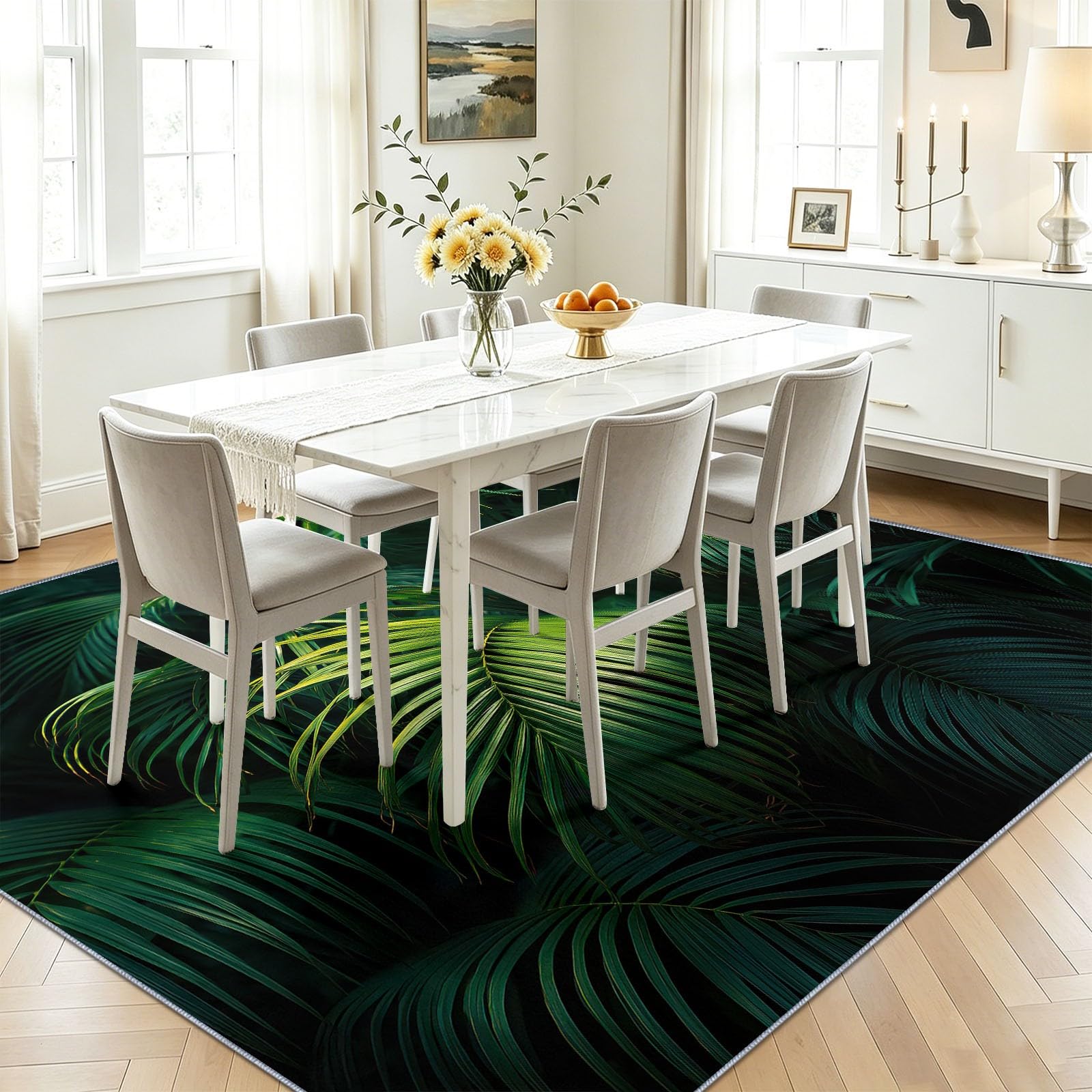 Générique Minimalist Tapis de Salon 80 x 150 cm, Flanelle Doux Lavable Antidérapant, Tapis à Poils Courts Nature Tropical Palmier Motif Feuillage Feuilles pour Salon Chambre Enfant Bureau, Vert