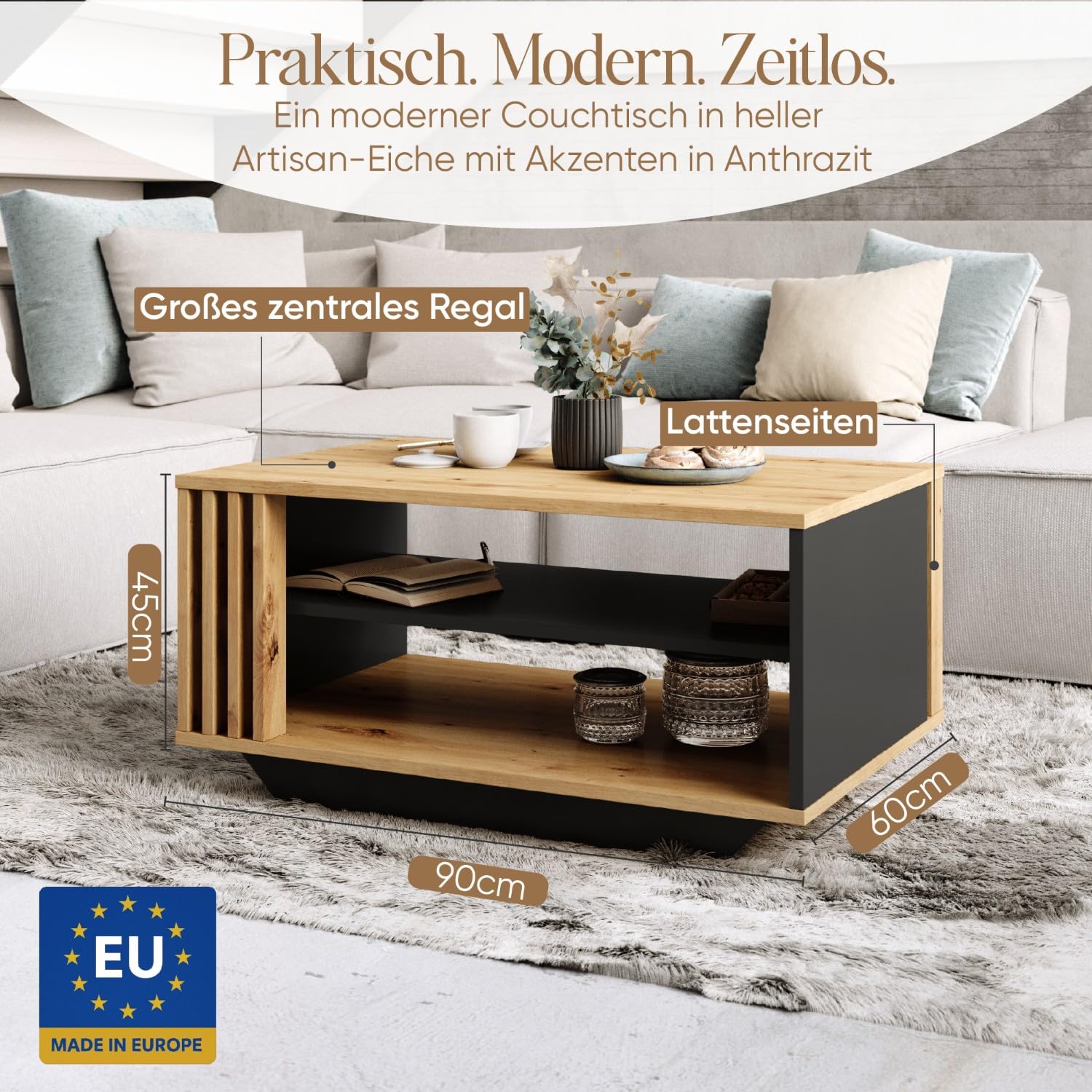 Viosimc Couchtisch, Wohnzimmertisch mit modernen Lamellen, moderner und stilvoller rechteckiger Kaffeetisch mit Ablage, stilvolle Ergänzung für jedes Wohnzimmer – Artisan Eiche & Anthrazit