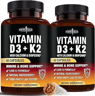 NEW AGE Vitamin D3 5,000 IU + K2 MK-7 100 mcg - 2-in-1 Bone, Immune & Heart Support, Easy to Swallow, Non-GMO - 120 Capsules
