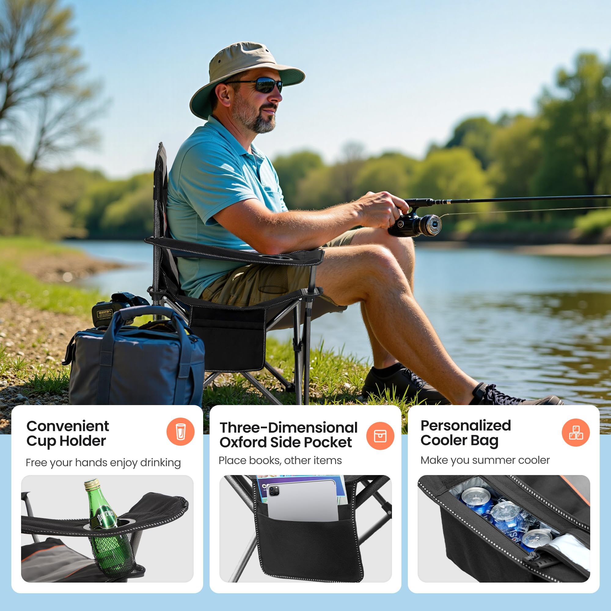 High Point Sports Chaise de Camping Pliante Portable Surdimensionnée Chaise d'extérieur Pliable Chaise de Camp 200 kg Noir