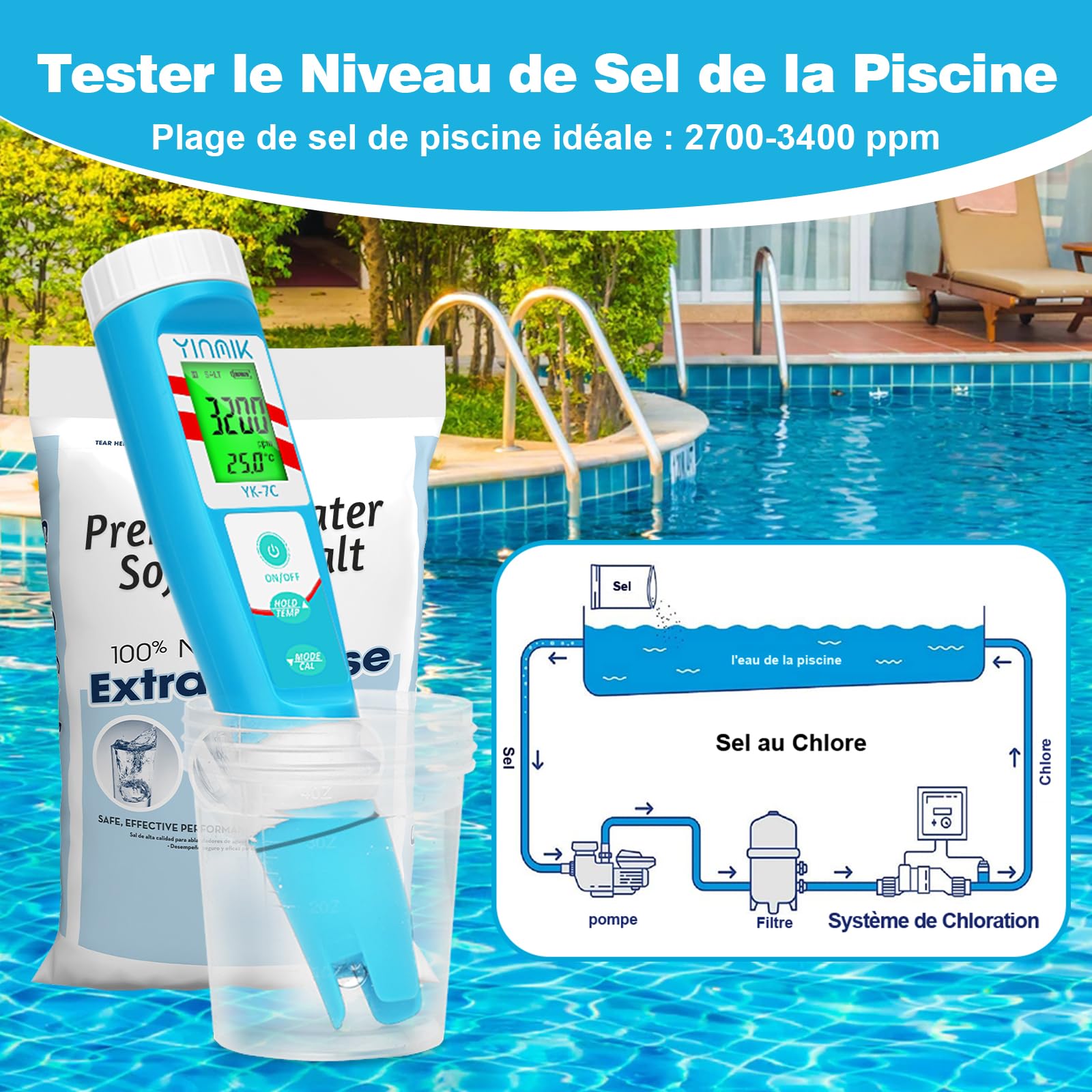 YINMIK pH et Sel Chlore Piscine Testeur,Testeur de Chlore, pH Mètre Numérique de Chlore Sel Testeur Testeur, pH Chlore TDS EC ORP Température, Chlore Sel Piscine pour, Sel Hot Tub Aquariums