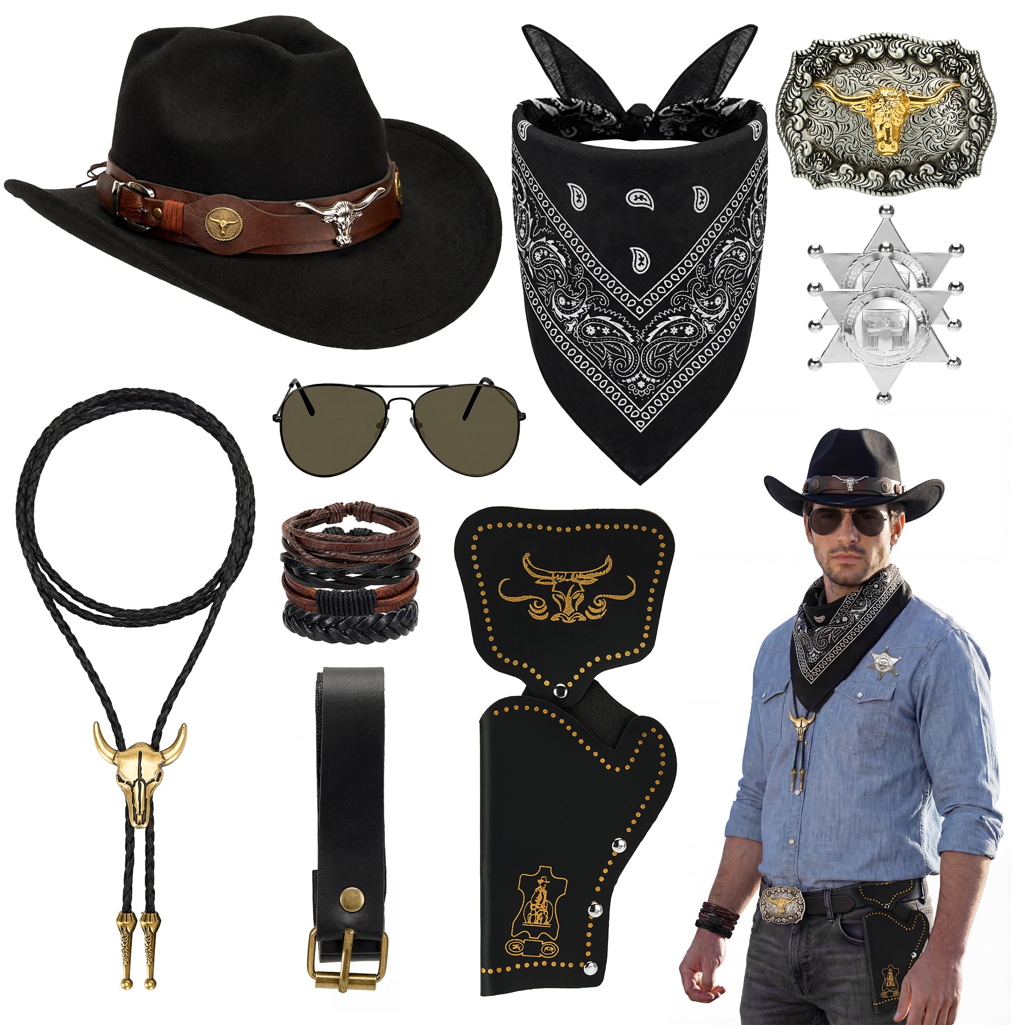 10Pcs Western Cowboy Accessories Set for Men – Black Cowboy Hat, Bandana, Gun Holster, Sheriff Badges, Bolo Tie Necklace, Belt, Bracelet & Glasses for Halloween, Cosplay, Rodeo & Themed Parties — image 1