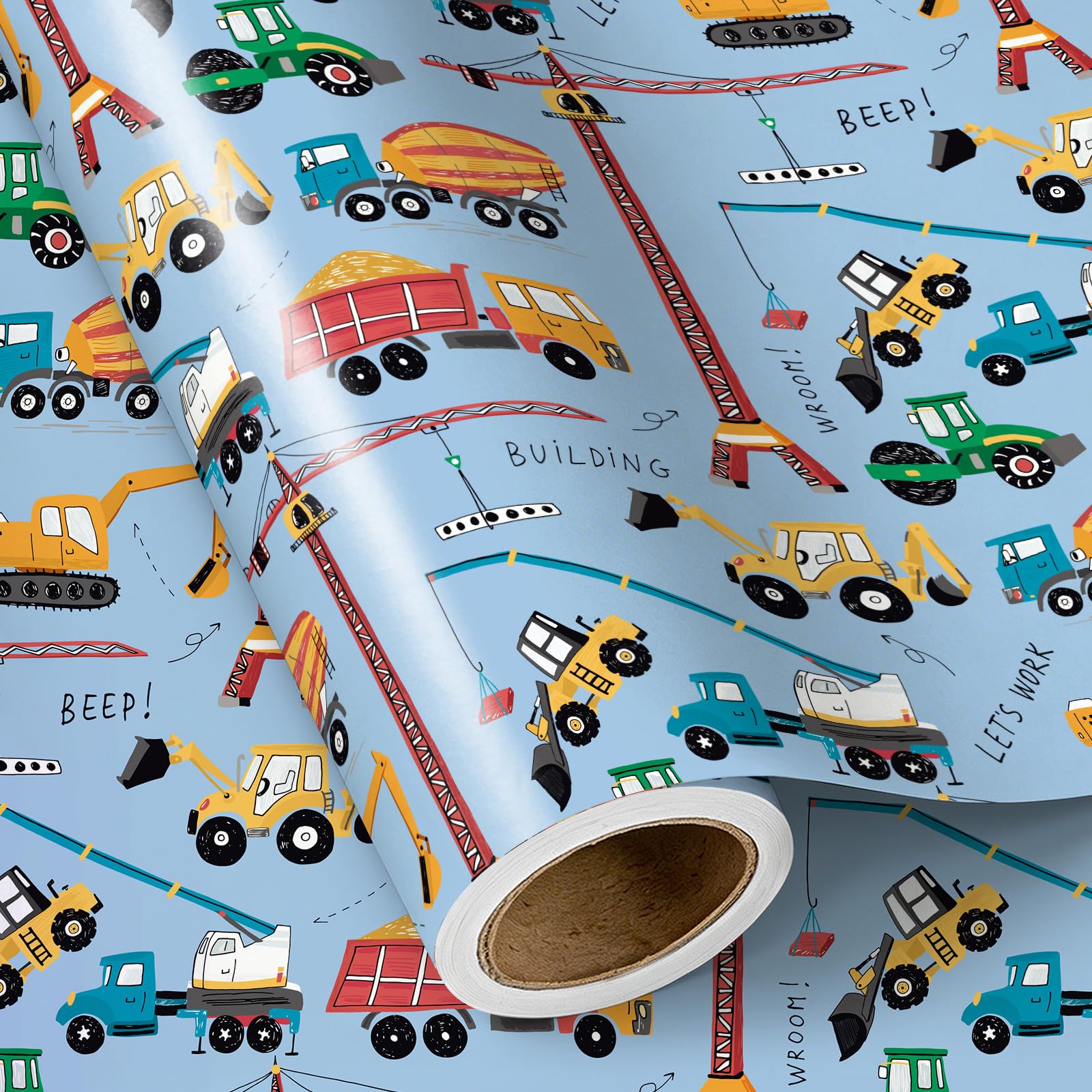 RUSPEPA Mini Wrapping Paper Roll Construction Vehicle Prints Fun Gift Wrap for Boys' Birthdays and Car Themed Events 43.2cm x 3m