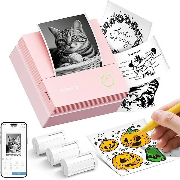 Sticker Printer, PM290C Thermal Mini Printer, Bluetooth Print Pod with 3 Rolls of Paper, Portable Print Pods for Phone & Tablet, Sticker Maker Machine for Notes, Photos, Journal, Cerise