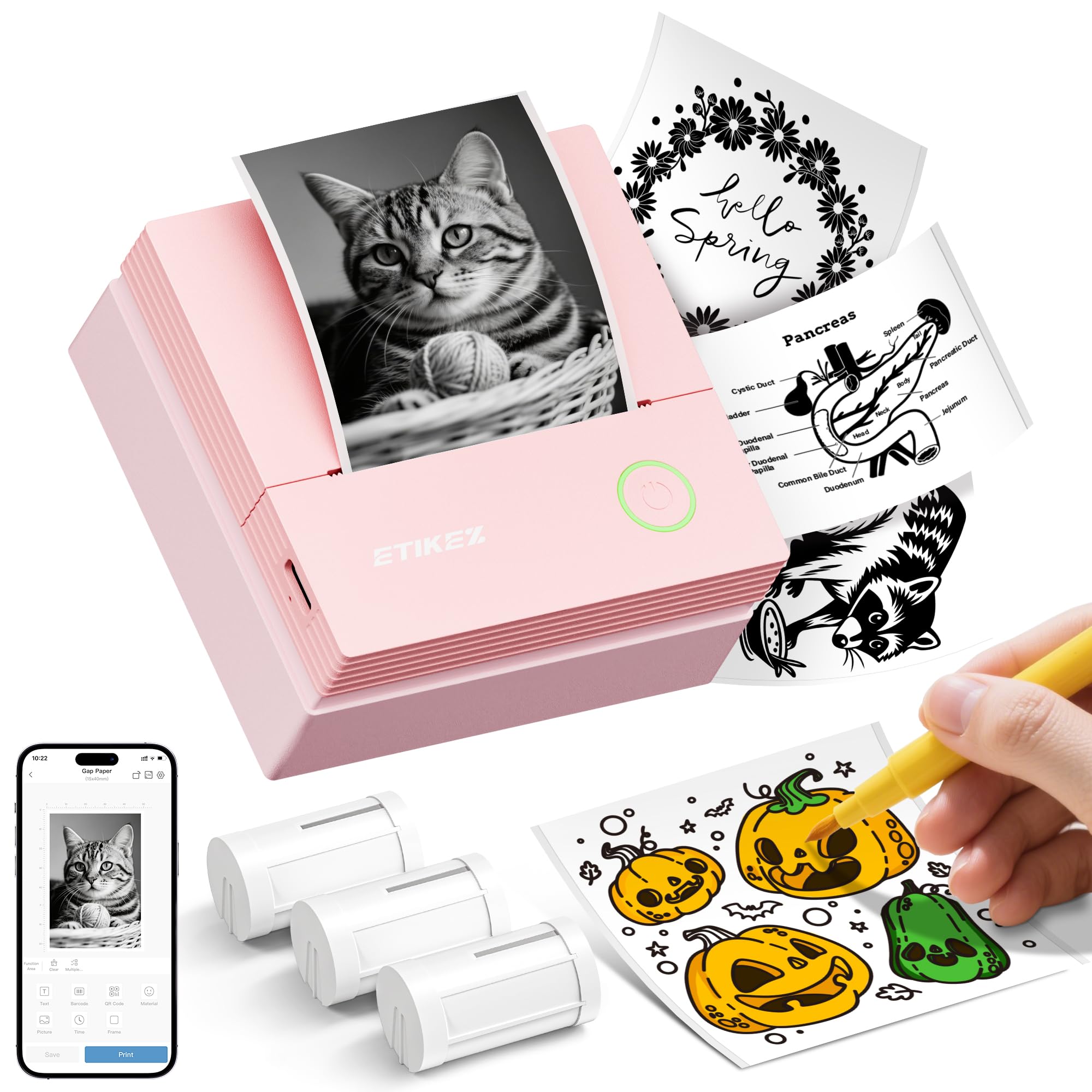 ETIKEZ PM290C Thermal Sticker Printer in Cerise color, printing a label.