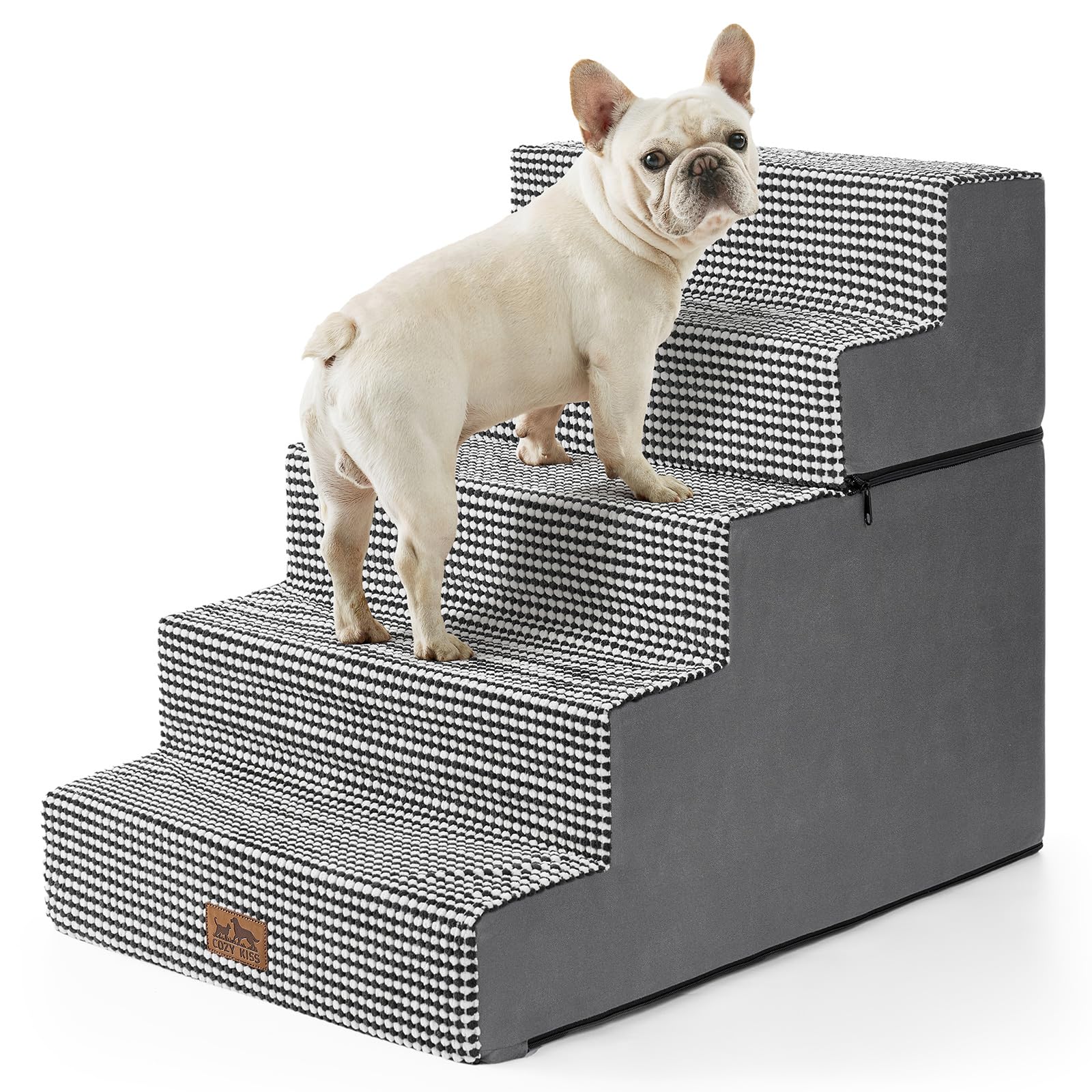 COZY KISS Dog Stairs for Small Dogs, 5 Tier Removable Wider Pet Stairs for Couch and Bed, 23.6" H Non-Slip Dog Steps for Puppies and Old Cats with Support Board, 29.5x19.7x23.6 inch, White Black