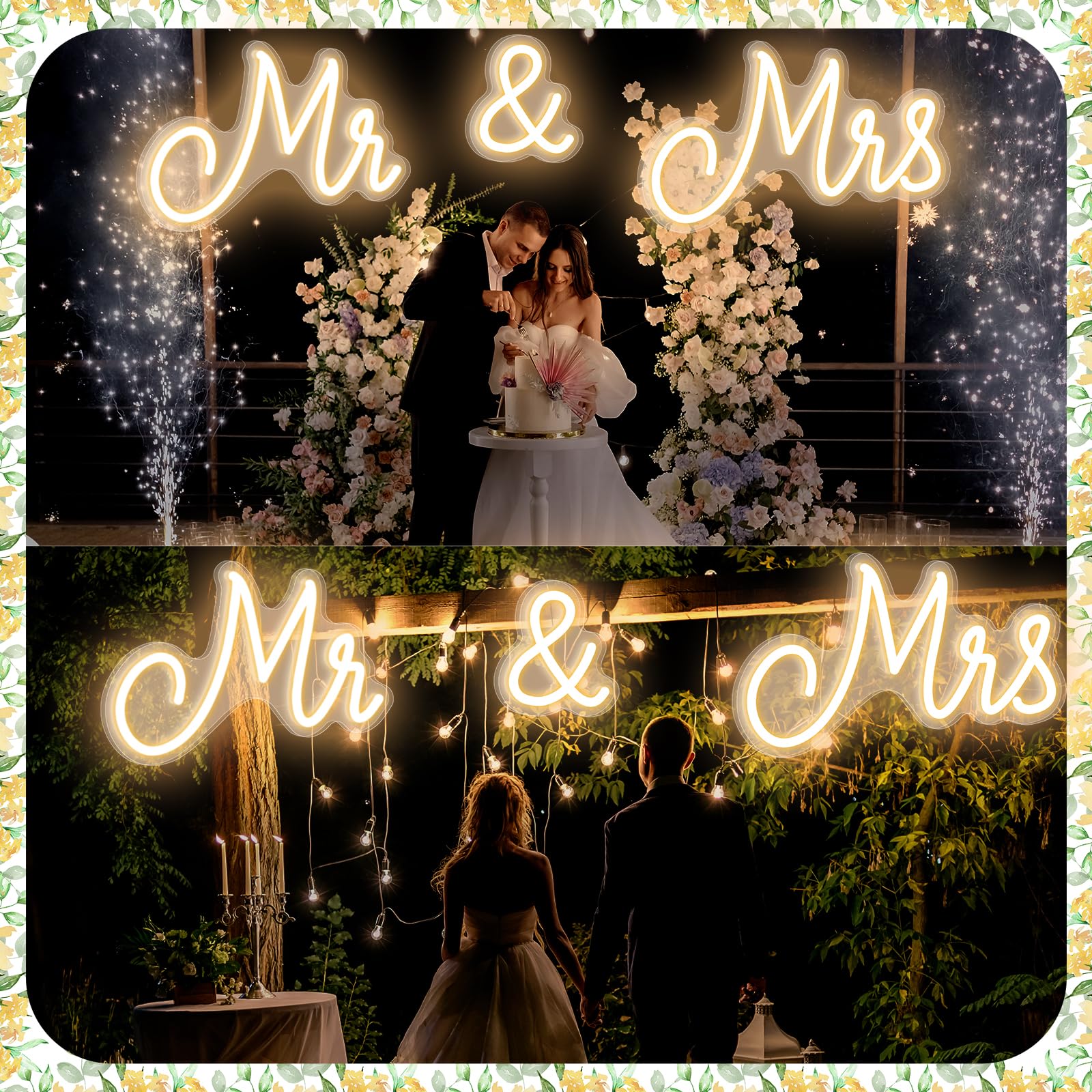Kittmip Mr and Mrs Neon Sign for Wedding Neon Light LED Wall Decor USB Operated Mr and Mrs Sign Gifts for Anniversary Valentines Day Party Engagement Banquet Table (Warm White, 36.81 x 10.24 Inch)